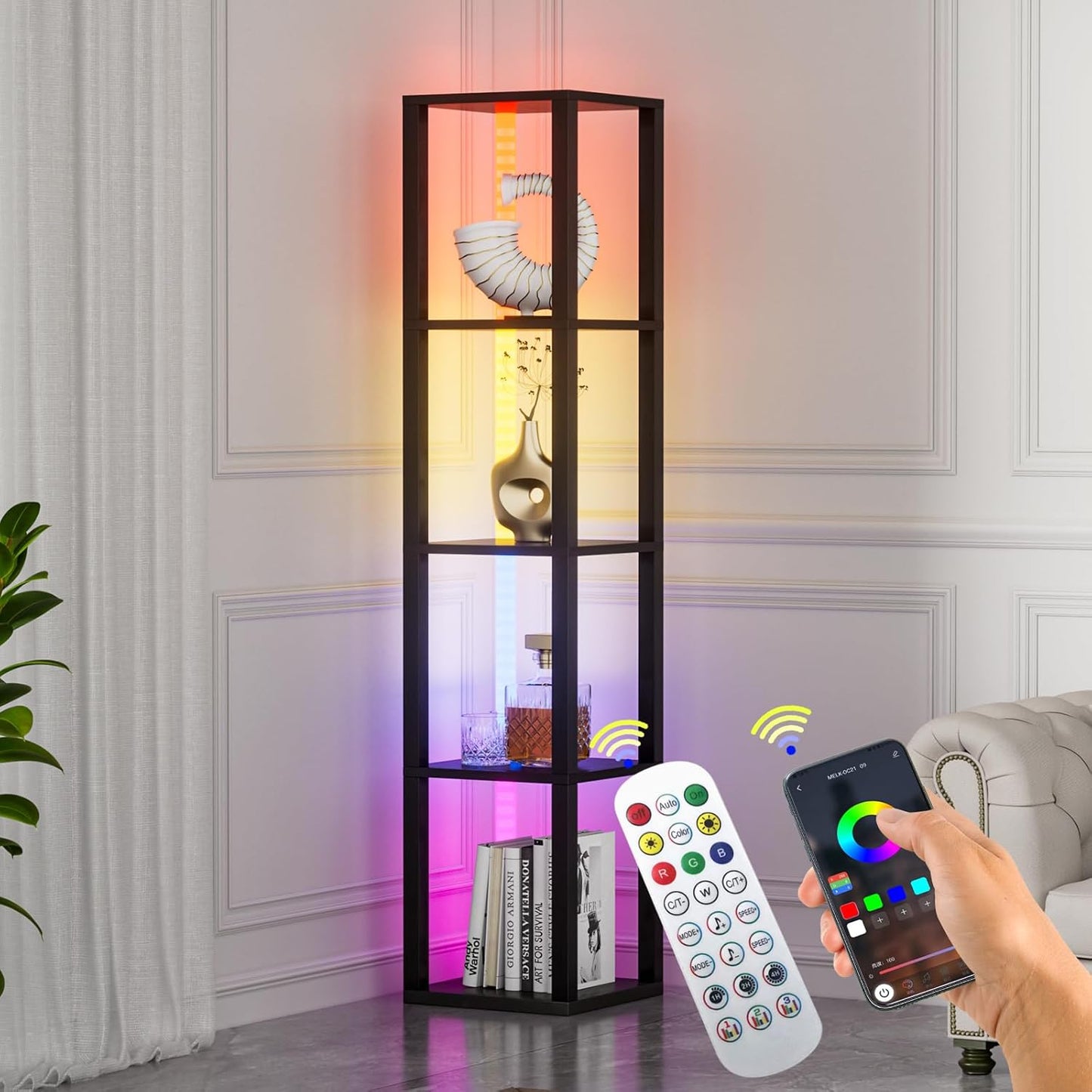 Corners Shelf with Light 5 Tier Tall Standing Shelf Dimmable Corner Floor Lamp with Shelves LED Corner Bookshelf Display Cabinet Shelf for Living Room, Bedroom, Home Decor
