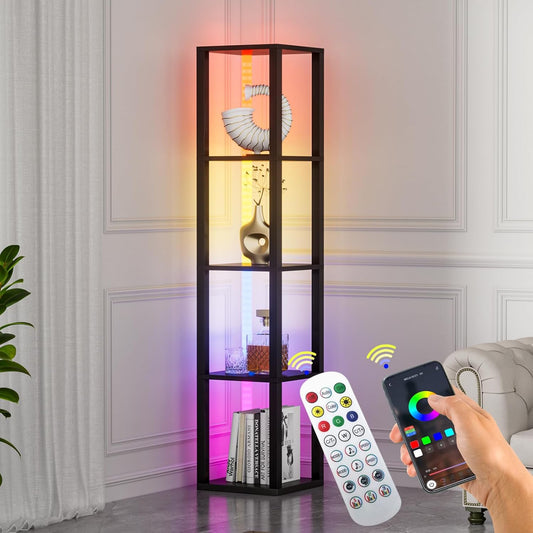 Corners Shelf with Light 5 Tier Tall Standing Shelf Dimmable Corner Floor Lamp with Shelves LED Corner Bookshelf Display Cabinet Shelf for Living Room, Bedroom, Home Decor