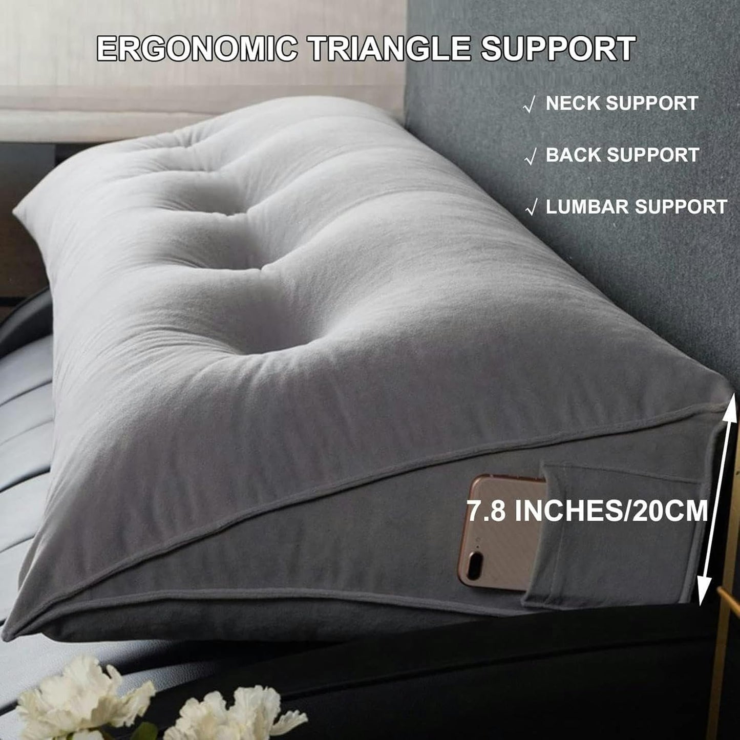 AMNOOL Triangular Headboard Pillow,Solid Color Triangle Cushion Reading Bed Rest Pillow,Large Bolster Wedge Support Removable Pillow for Dorm Daybed Bed
