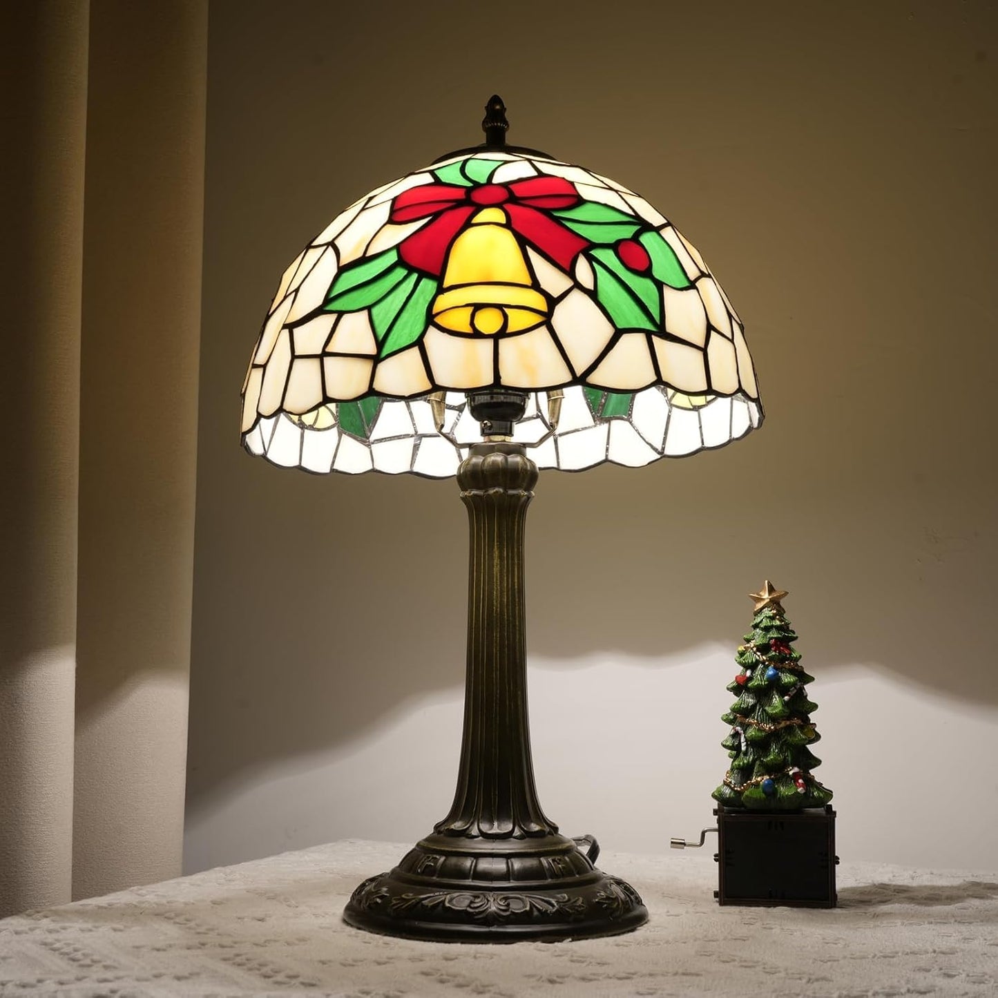 Tiffany Lamp Stained Glass Lamp 12 Inch Yellow Christma Bell Design Warm Color Reading Lamp Suitable For Coffee Shops Dormitories Home Office Deco Tiffany Style Retro Holiday Home Decoration Gift