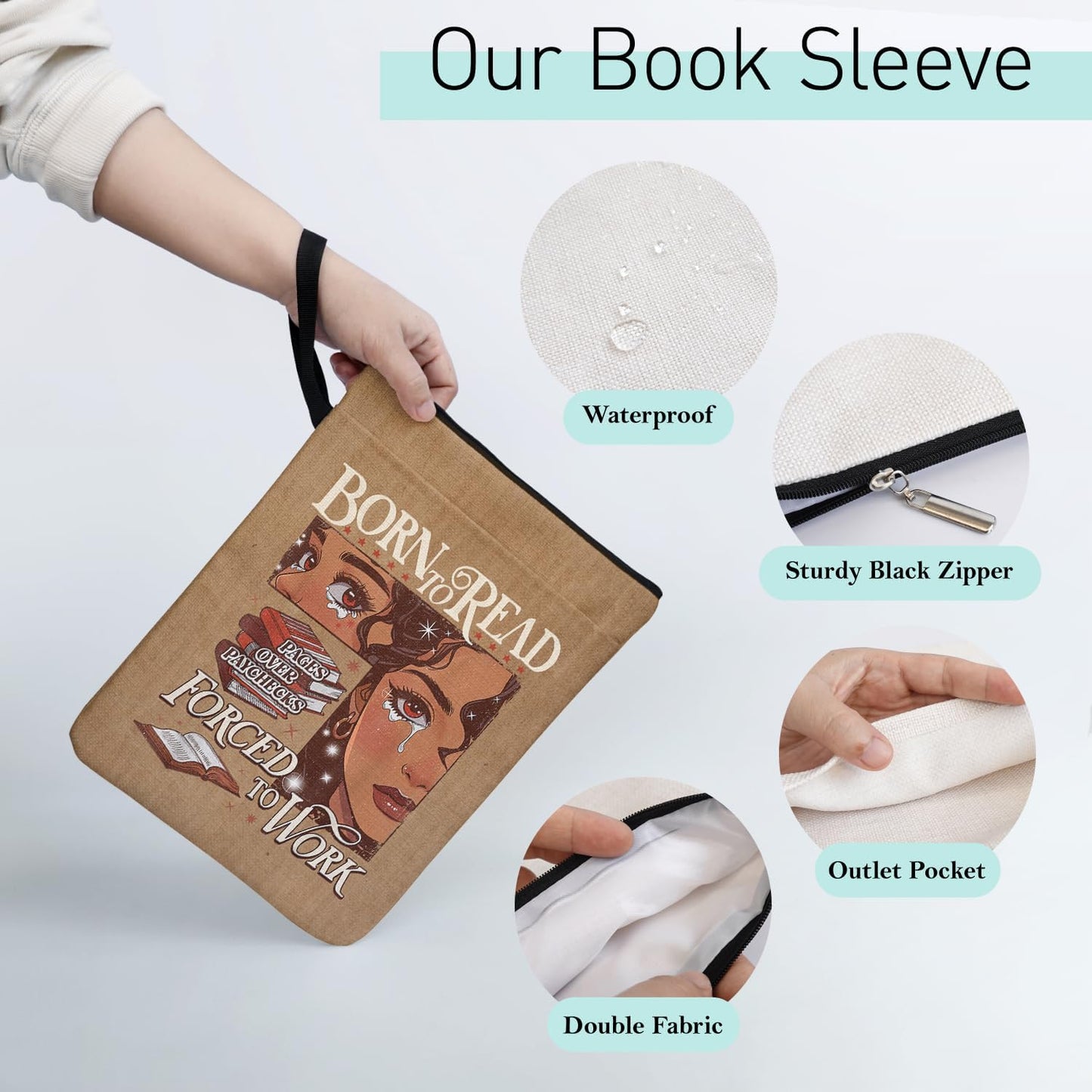Born to Read Forced to Work Book Sleeve Pouch for Book Lovers Librarian, Black Girl Decor Gifts for Teacher Daughter Women, Bookish Group Club Book Cover Gifts 9x12 Inch