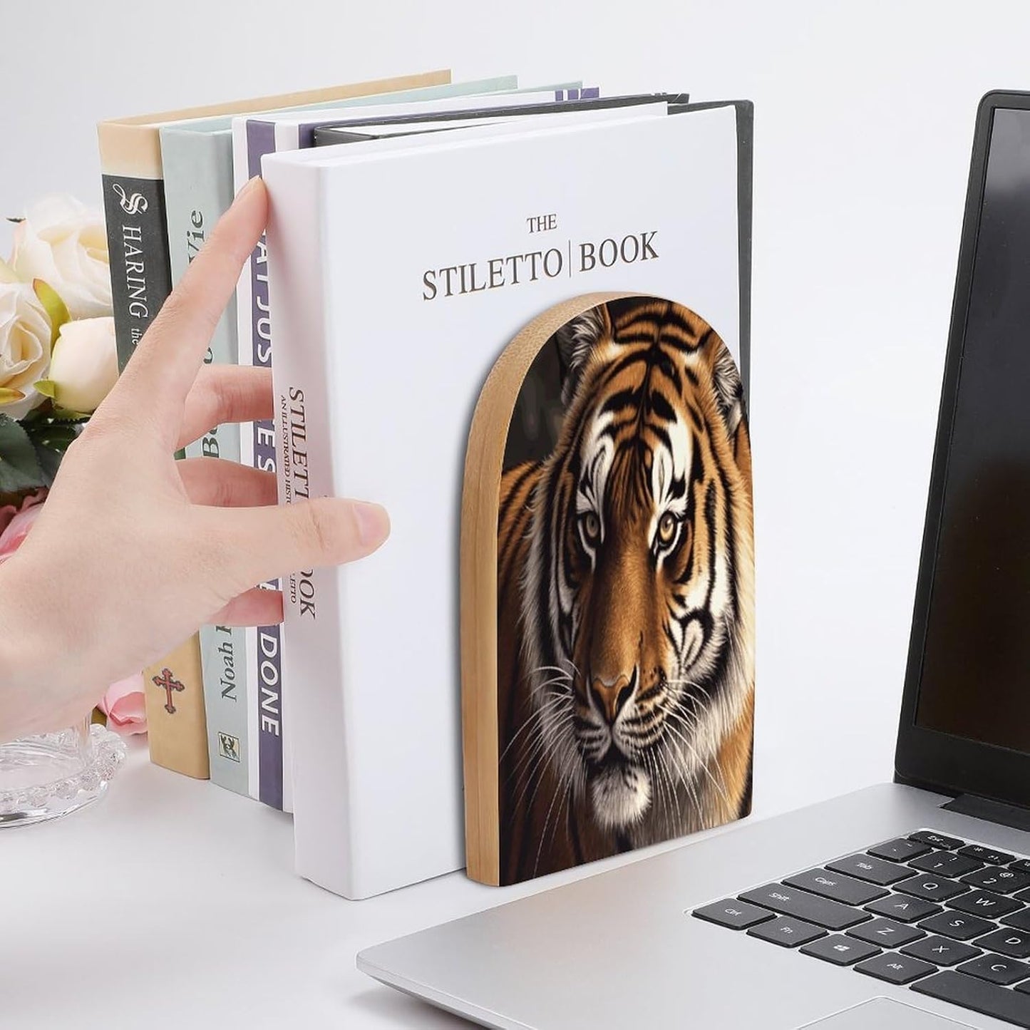 Bengal Tiger Bookend for Shelves Wooden Book End Large Size Sturdy Book Holders Stoppers with Metal Base for Bookshelves Slick Decorative Bookends Stands