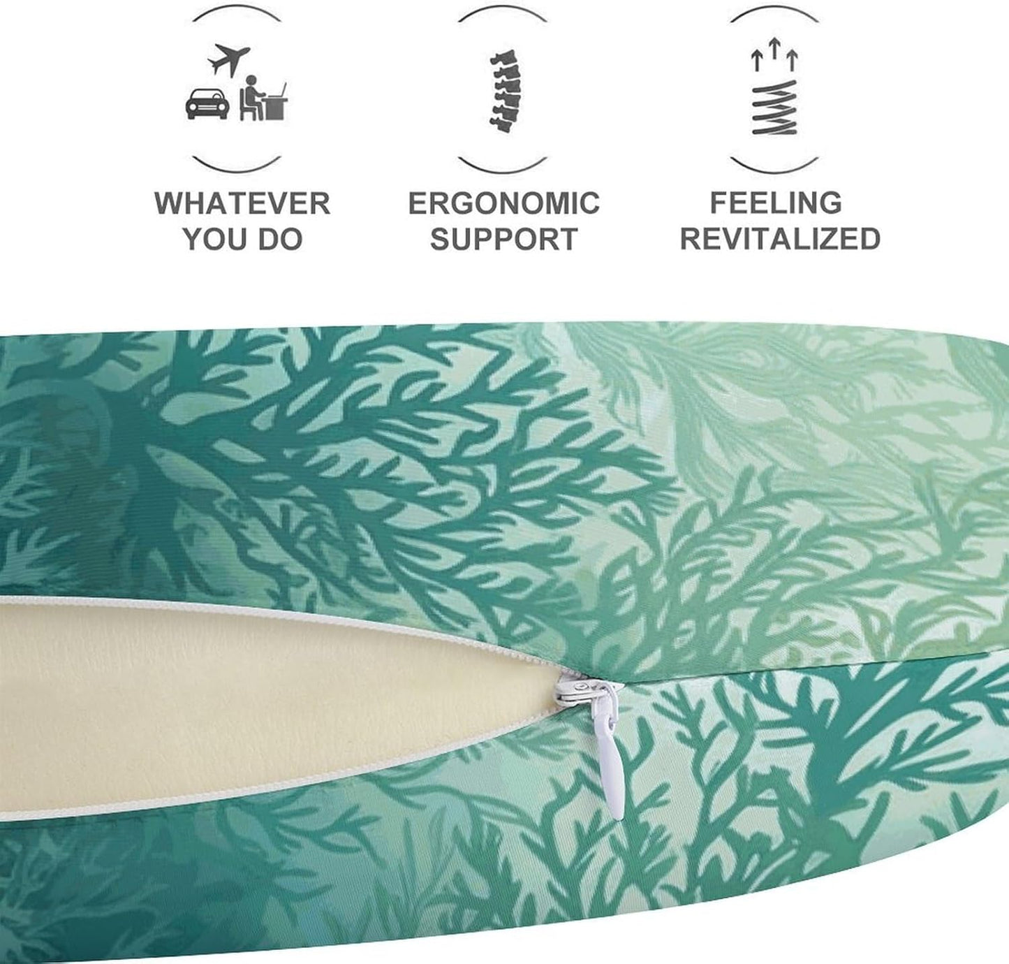 Green Sea Blue Seaweed Neck Pillow Memory Foam U Shaped Pillows Portable Pillows for Shoulder Travel Head Support Pillow with Concealed Zipper for Airplane Car Home Office