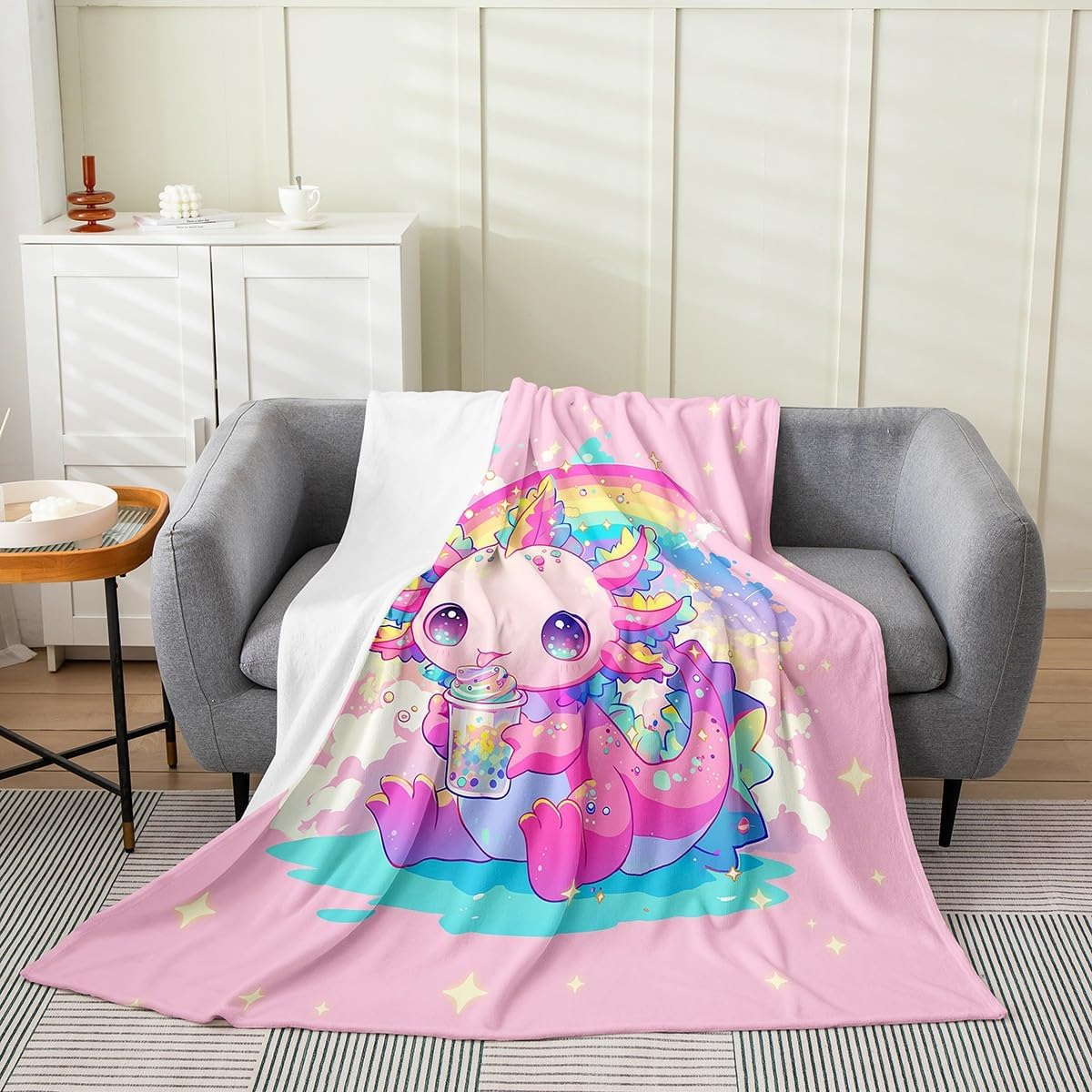 Feelyou Cute Axolotl Plush Throw Blanket, 40"x50" Cartoon Salamander Flannel Fleece Blanket for Sofa Couch Kids Teens Adults Rainbow Coludy All Season,Bed Blanket Kawaii Ocean Sealife Room Decor