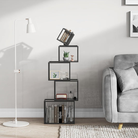 5-Tier Black Unique Metal Bookshelf – 52" Modern Bookcase for Books, CDs & Collectibles – Stylish Storage & Display Shelf for Living Room, Bedroom, Office