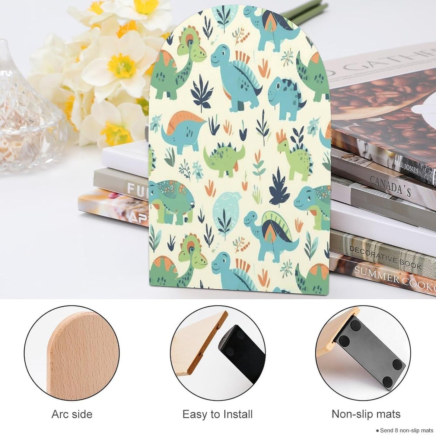 Dinosaur Pattern Bookend for Shelves Wooden Book End Large Size Sturdy Book Holders Stoppers with Metal Base for Bookshelves Slick Decorative Bookends Stands