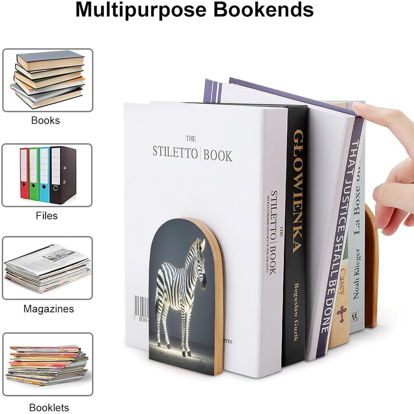 Glowing Zebra Bookends 1 Pair Heavy Duty Book Ends for Shelves Non-Skid Bookend Supports Wooden Book Holders with Metal Base Desk Organizers Books Storage to Hold Books