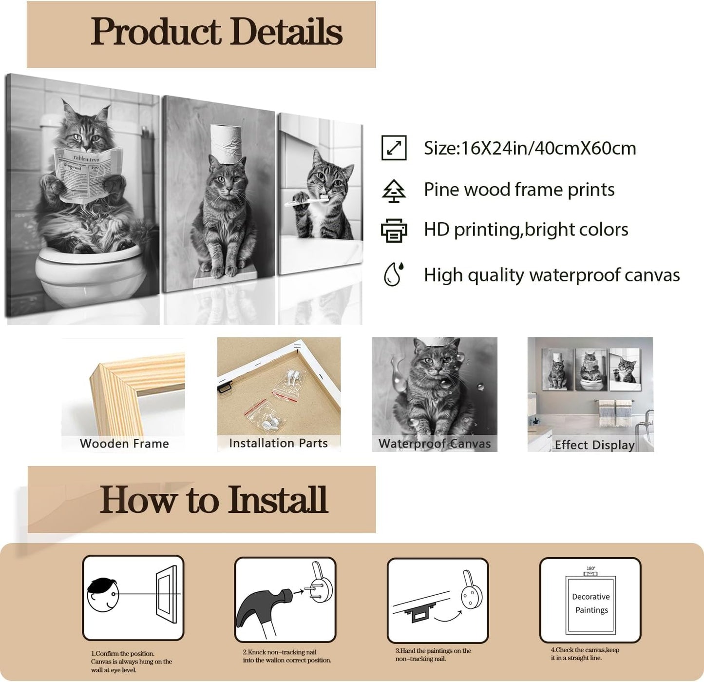 Framed Funny Black and White Cat Bathroom Wall Art Set of 3, Cute Cat on Toilet Pictures Wall Decor Paintings, Humor Animal Toilet Signs Canvas Prints for Bathroom Restroom 16x24 inch