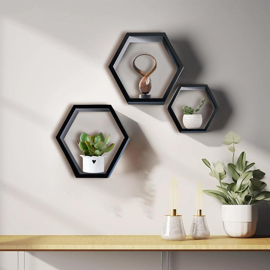 DD DEFINED DECO Set of 3 Pine Wood Hexagon Shelves for Wall Decor,Wall Mounted Floating Shelves,Farmhouse Honeycomb Living Room,Hanging Rustic Shelf Racks Bedroom,Nursery, Black, (B2C230007-3SET)