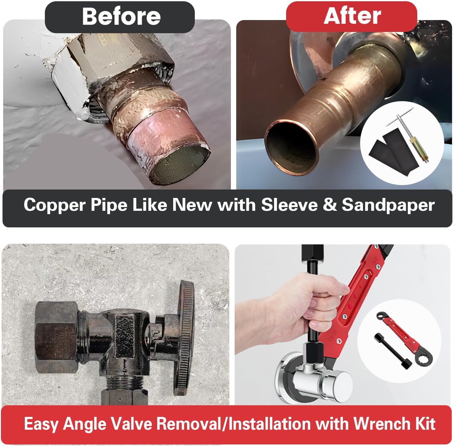 6 Pcs Plumbing Tools Kit with Angle Stop Wrench & 1/2-Inch Compression Sleeve Puller, Professional Plumbers Wrench, Sandpaper and Storage Bag for Frozen/Corroded Angle Stop