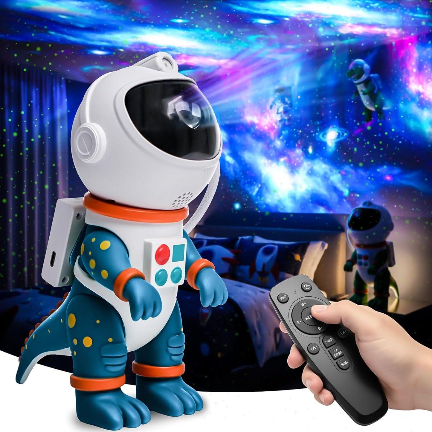 Dinosaur Astronaut Galaxy Star Projector Night Light, 8 in 1 LED Space Planetarium Lamp, 360° Rotating with Remote & Timer, Kids Adults Bedroom Decor, Christmas Birthday Gifts (Blue)