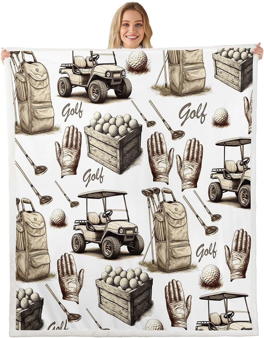 Golf Theme Bed Blanket,Golf Club Throw Blanket Kids Boys Teens Adults Home Room Decor,Ball Sports Sketch Style Retro Fleece Blanket,Ball Games Vintage Car Fuzzy Blanket,for Chair/Sofa,40"×50"