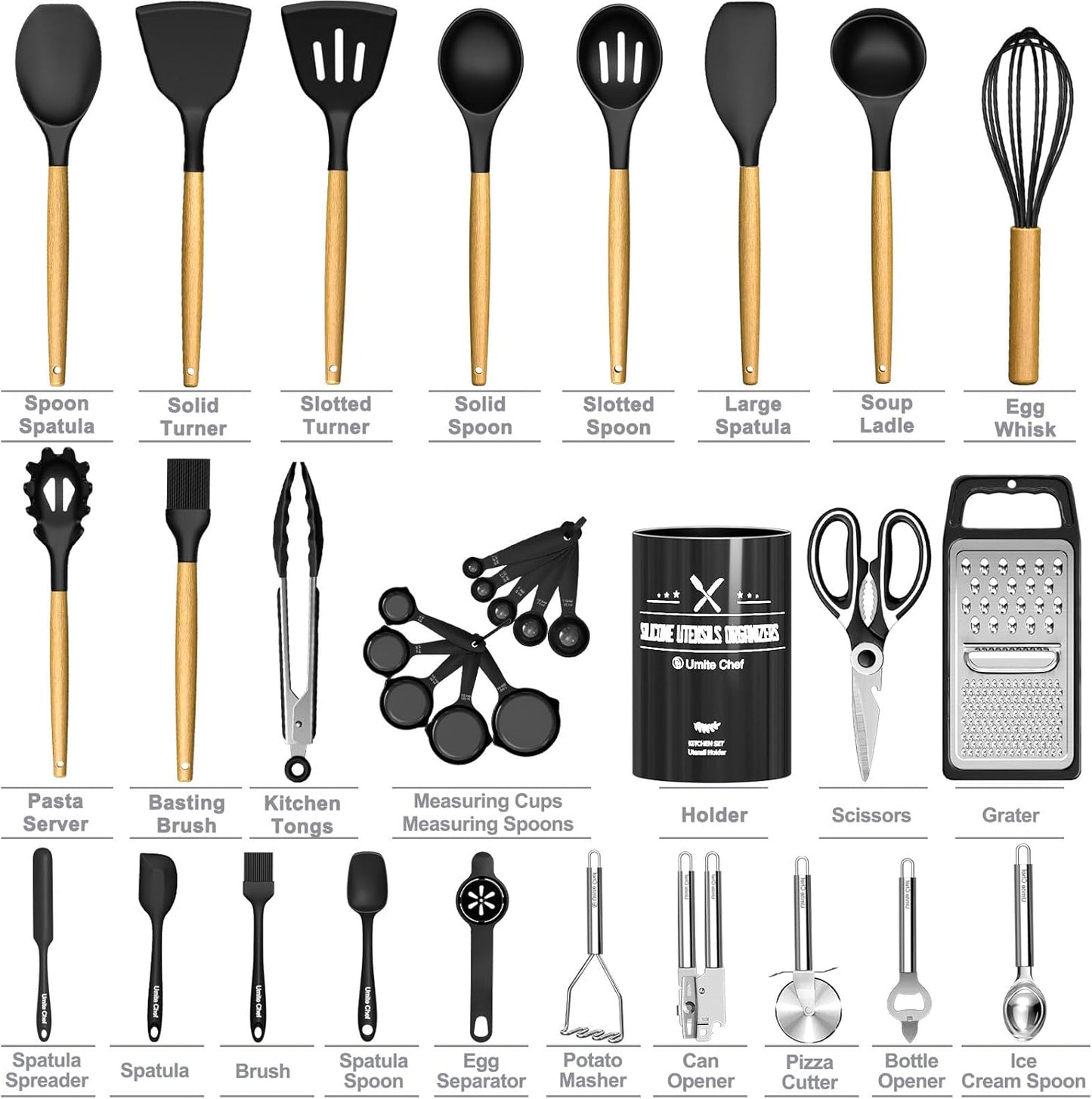 Kitchen Utensils Set- 34PCS Silicone Cooking Utensil with Holder, Umite Chef Heat Resistant Kitchen Spatula Set for Nonstick Cookware, Black Wooden Handles Kitchen Gadgets Tools Set