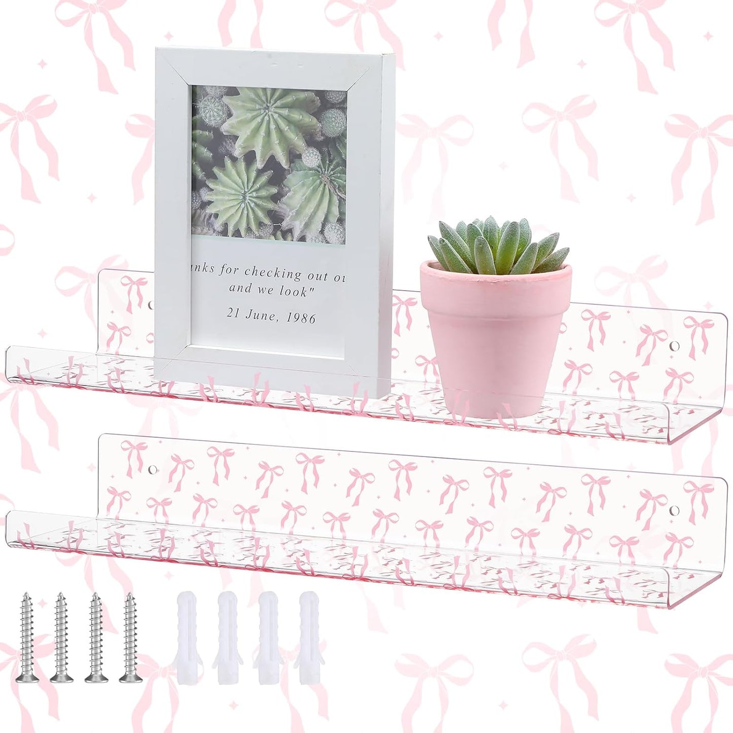 Honeydak 2 Pcs Pink Bow Acrylic Floating Shelves 15 Inch Coquette Acrylic Wall Shelves Pink Bow Display Wall Mounted Bookshelf for Bathroom Bedroom Living Room Kitchen Room Decor