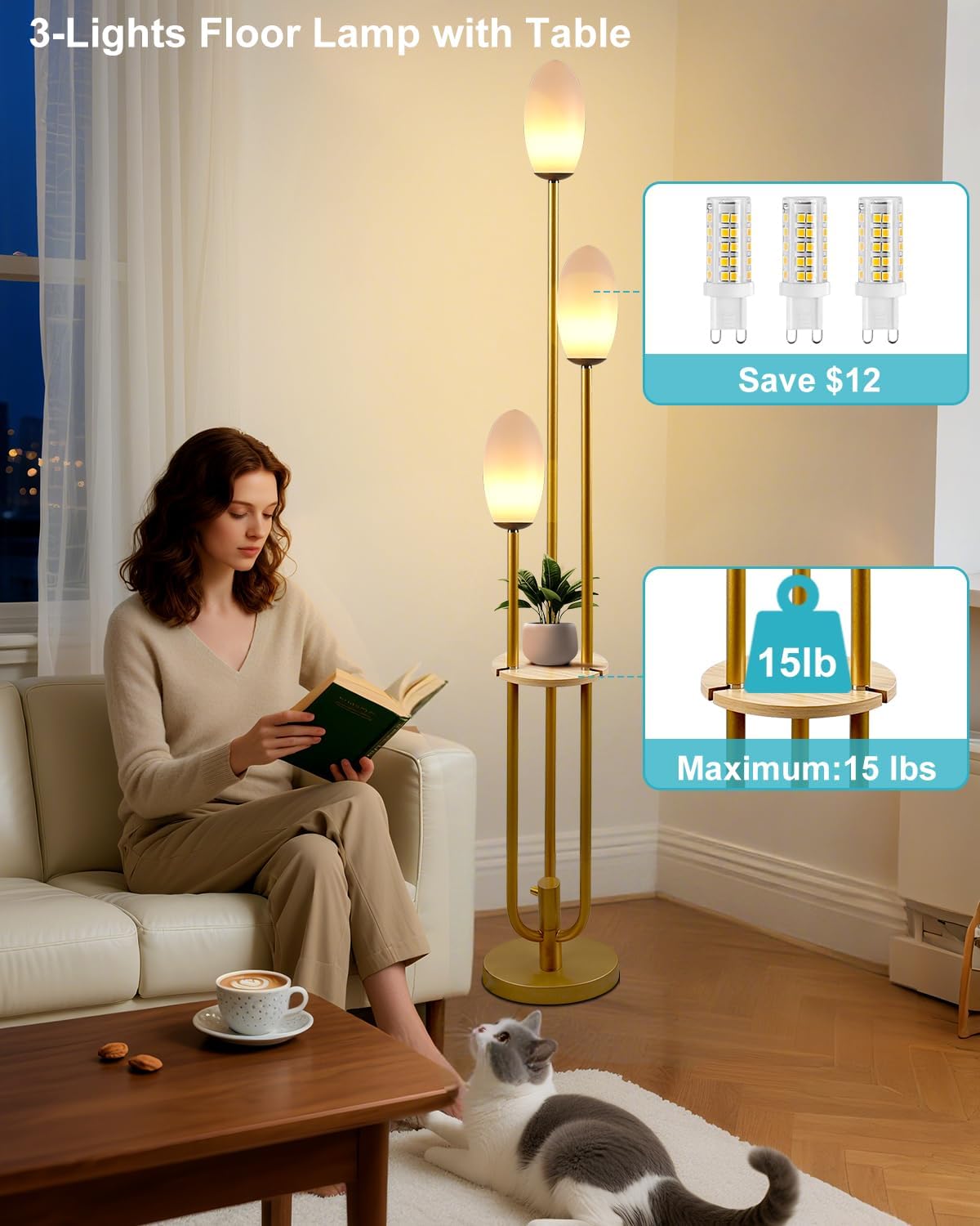 Gold Dimmable Floor Lamp with Table, Unique Candle Holder Style Tall Standing Lamps with 3000K G9 Bulbs for Reading, Mid Century Modern Floor Lamp for Living Room Bedroom Office