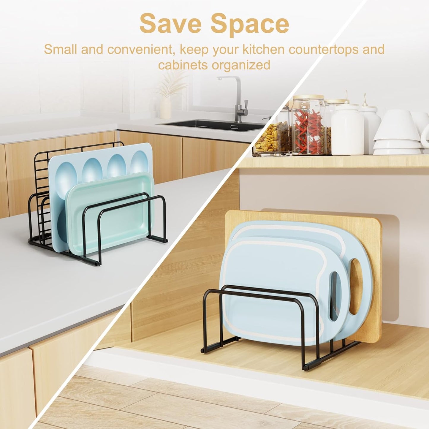 Cutting Board Organizer and Baking Sheet Rack, [2-Pack] Black Heavy Duty Metal Cookie Sheet Organizer for Cutting Board Storage & Plate Holder for Cabinet, Tray Dividers for Cabinets