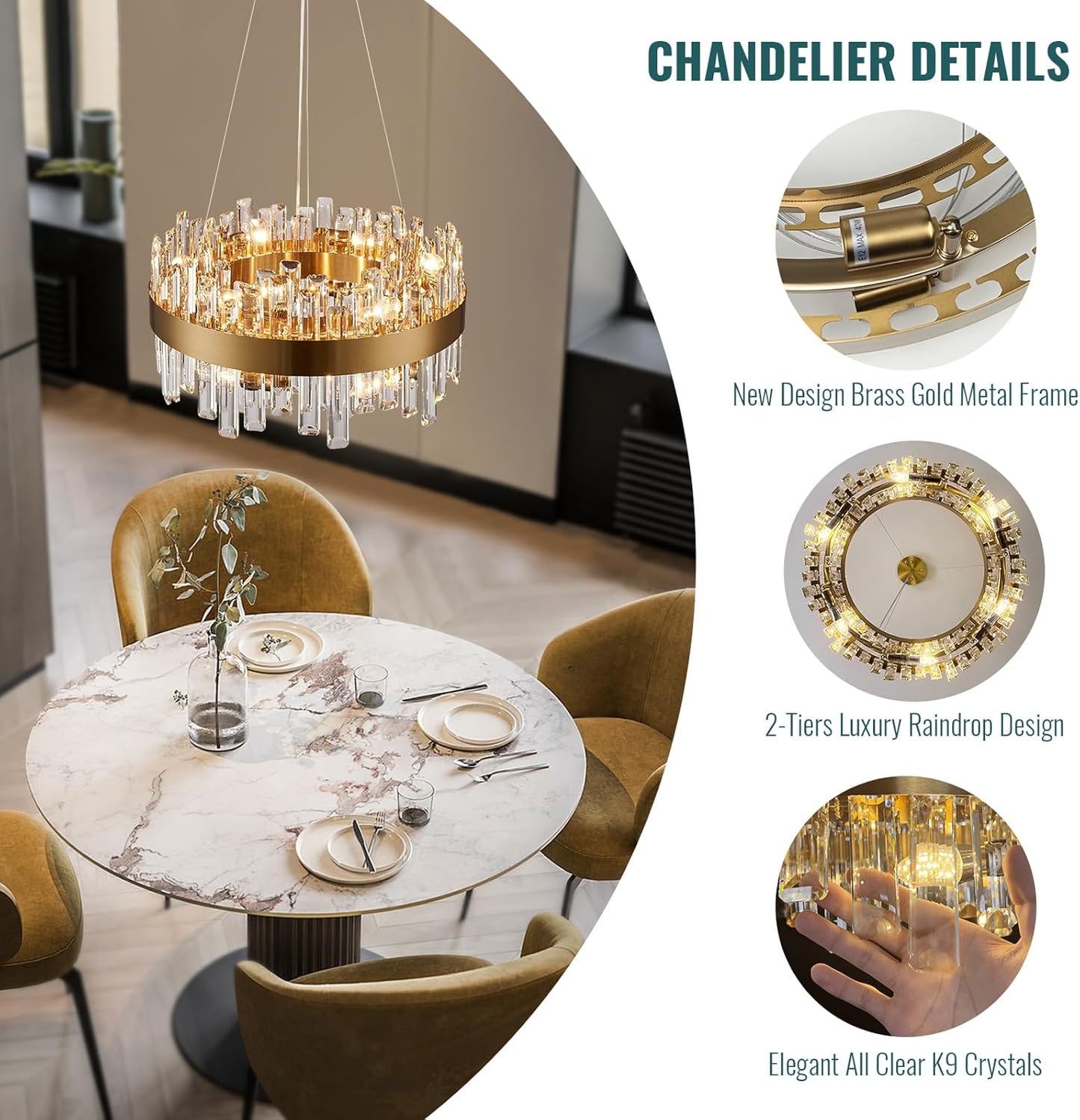 Siljoy Modern Crystal Chandelier, 12-Light Dimmable Brass Gold K9 Crystal Raindrop Chandelier, Luxury Adjustable Crystal Pendant Ceiling Light for Living Dining Room Kitchen Island Entry Foyer D19.7''