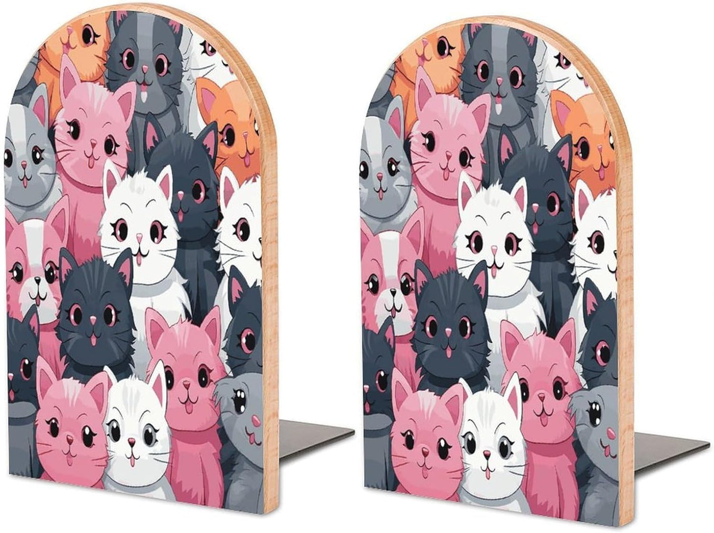 Non-Slip Bookend for Shelves Cute Kittens Wooden Bookends with Metal Base Decorative Book Stopper for Home Heavy Duty Wood Book Storage for Books/CDs