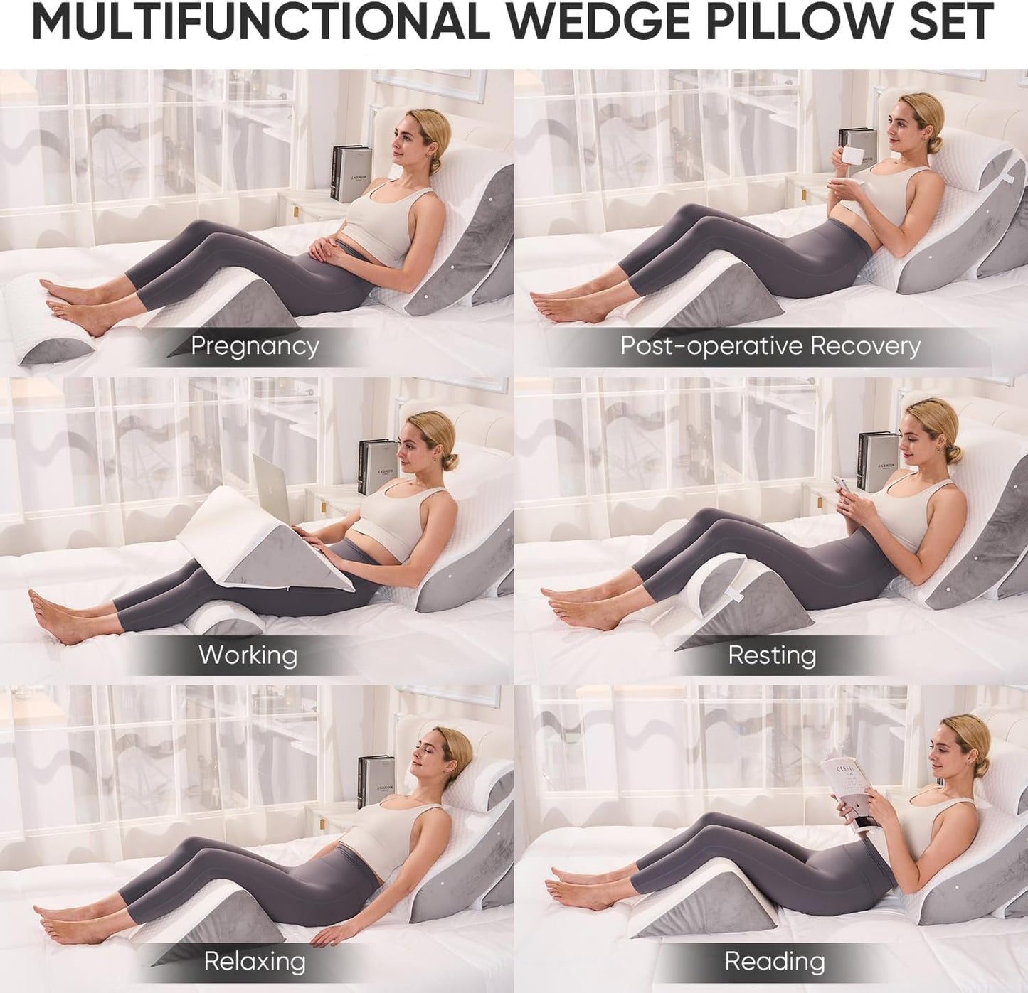 4 PCS Wedge Pillow Set for After Surgery, Adjustable Bed for Sleeping, Acid Reflux Relief, Post Surgery Recovery, Back Support, Leg Elevation, Memory Foam Orthopedic Bed Wedge Pillow Set, Gery