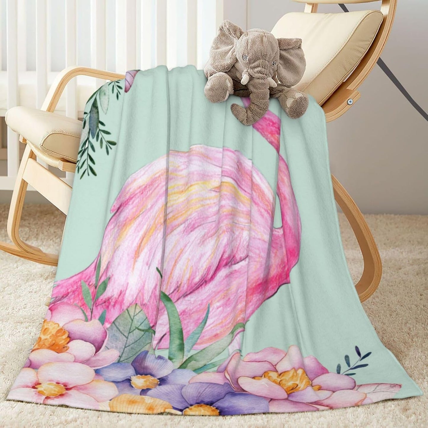 Pink Flamingo Watercolor Floral Bed Blanket Ultra Soft Throw Blanket All Season Warm Light Weight Cozy Plush Blankets for Home Bedroom Sofa Chair Travel, 50"X40"