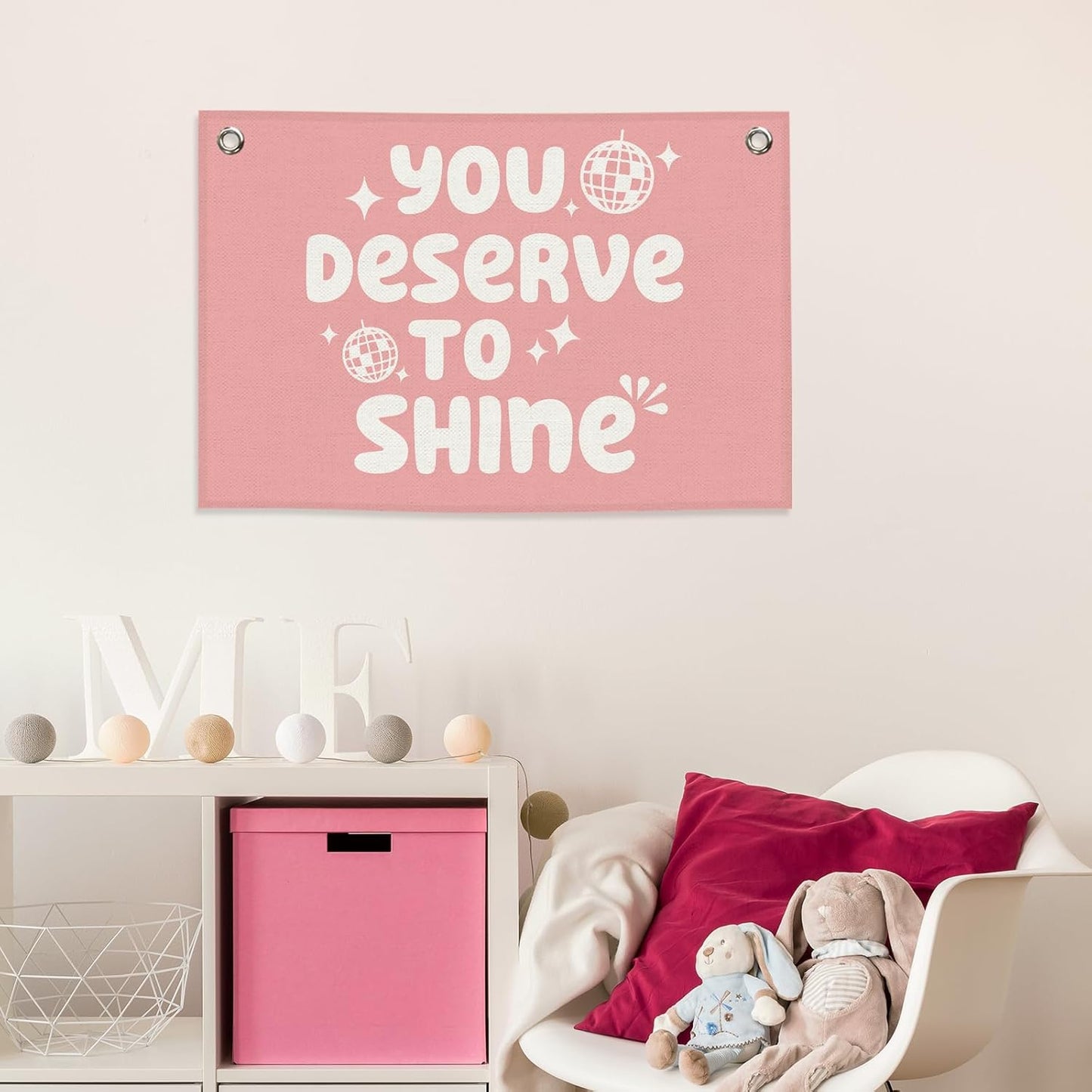 Pink Girls Kids Banner Canvas, Preppy Girly Toddler Room Decor, Inspirational You Deserve to Shine Hanging Flag Sign, Nursery Wall Tapestry Art for Baby Shower Playroom Bedroom Decor 20x30in