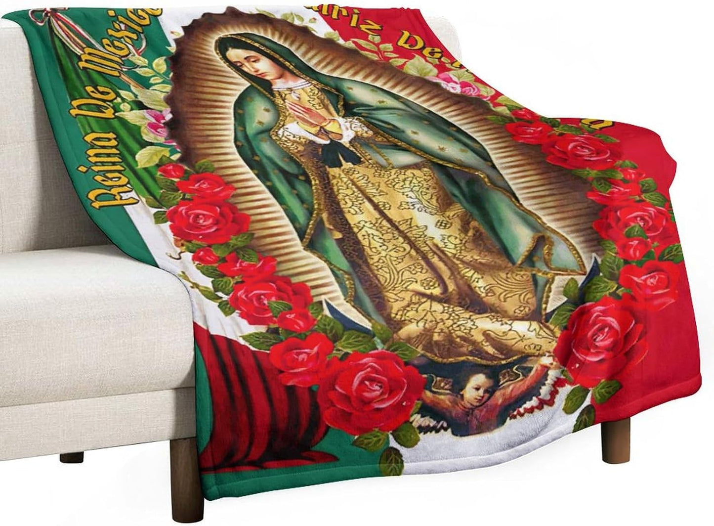 Christmas Throw Blanket for Couch Virgen De Guadalupe Our Lady of Virgin Mary Mexican Flag Elements Lightweight Blankets for Sofa, Bed Cozy Microfiber Blanket 40"x60"