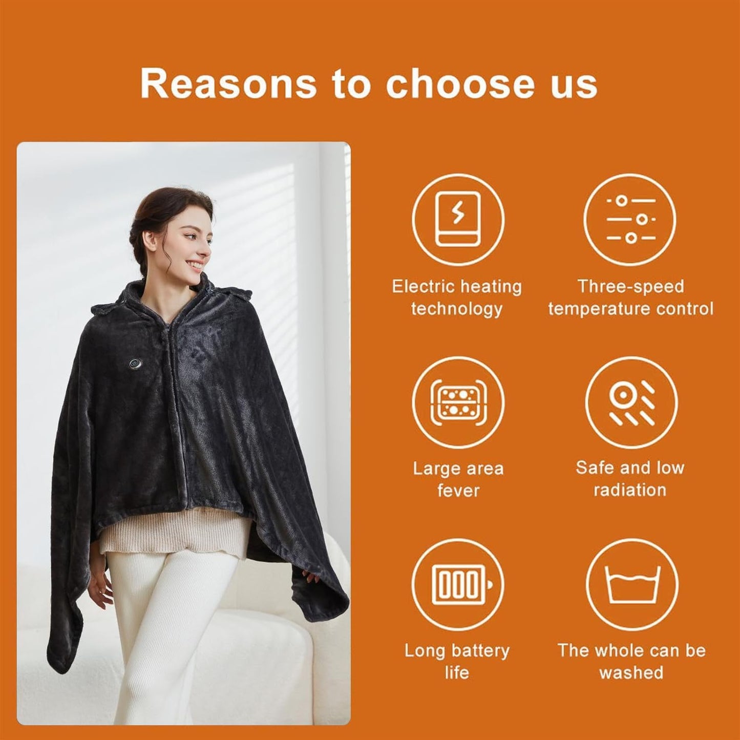 Wearable USB Heated Blanket Shawl Hooded, Portable, 3 Gears 7 Heating Zones Cordless Zip Throw for Women, Outdoor, Office, Camping
