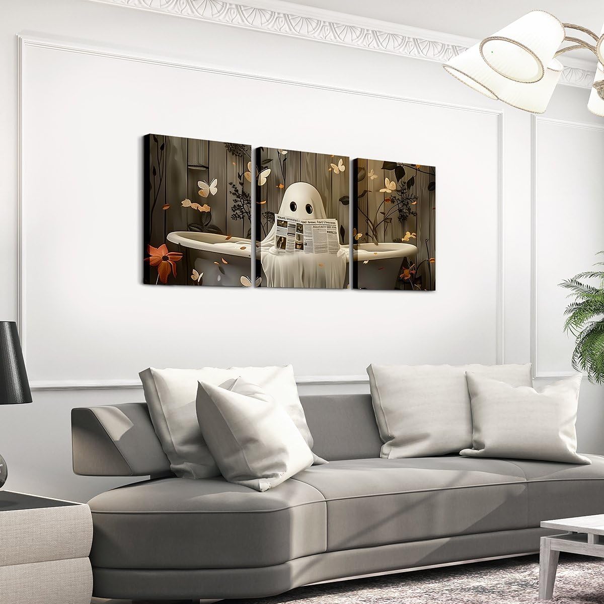 Erosebridal Funny Halloween Ghost 3 Piece Canvas Wall Art Botanical Leaves Butterfly Paintings Wall Decor 16" L x 12" W Each, Reading Newspaper Fancy Humor Ghost Vintage Gothic Office Artwork Posters