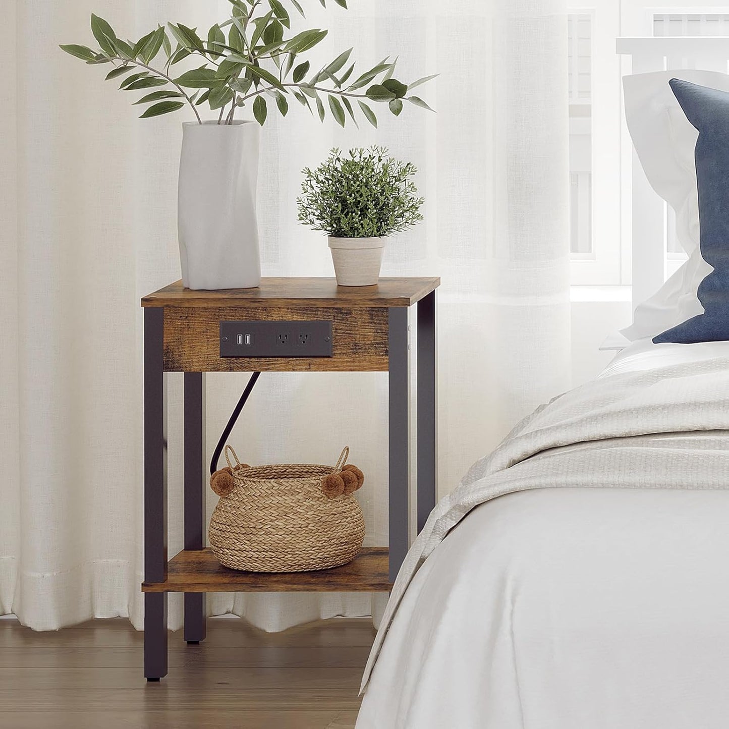 End Table with Charging Station, 2-Tier Nightstand with Storage Shelf,Modern Side Table,Bedside Table for Small Space in Living Room, Bedroom, Sofa Couch and Balcony, Rustic Brown MLBZ14RE
