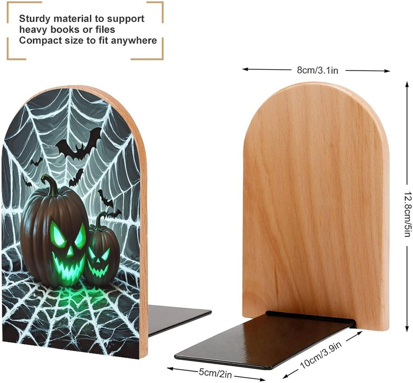 Green Pumpkin Bookends 1 Pair Heavy Duty Book Ends for Shelves Non-Skid Bookend Supports Wooden Book Holders with Metal Base Desk Organizers Books Storage to Hold Books