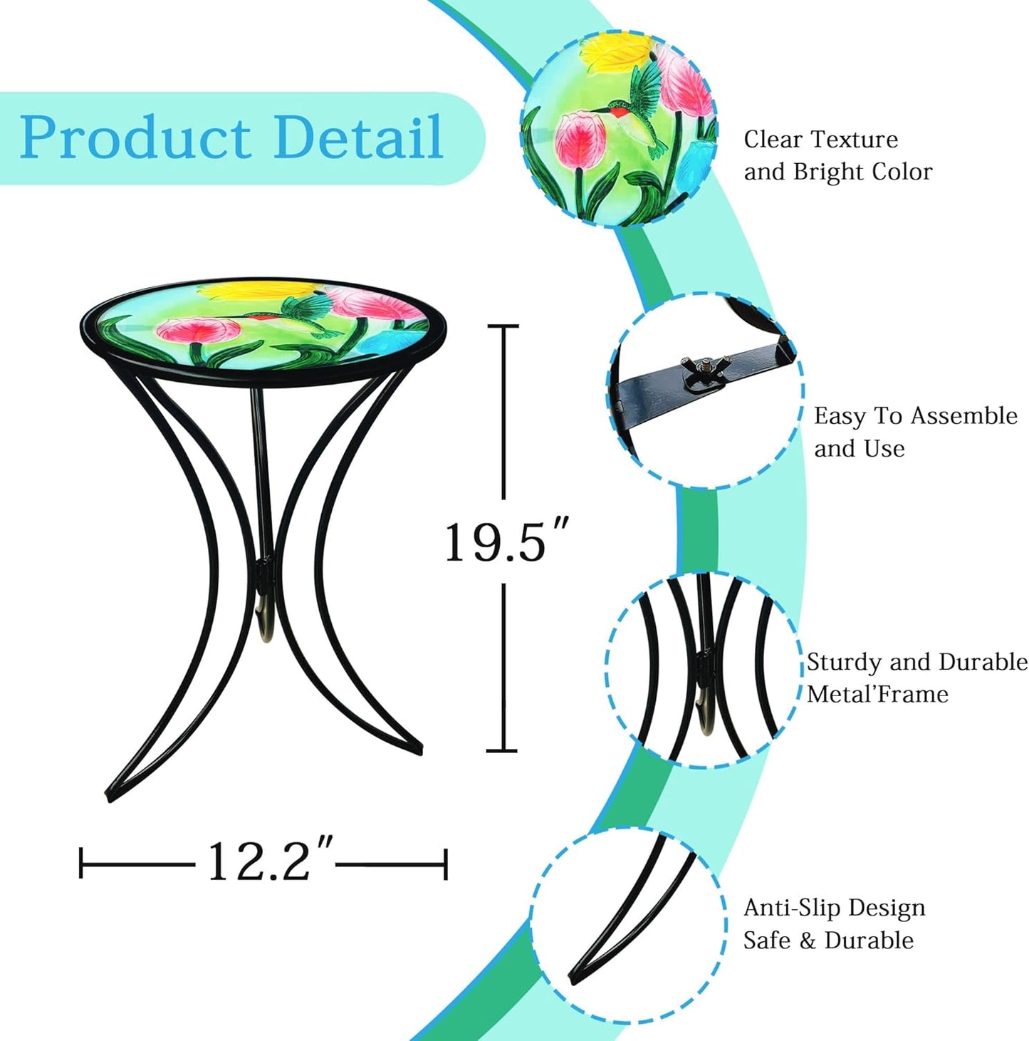 J-Fly 12 Inch Outdoor Side Table, Round Patio Accent Indoor End Table with Glass Top & Metal Base for Living Room, Office, Balcony, Tulip Hummingbird Indoor Furniture Christmas Decor(20" Height)