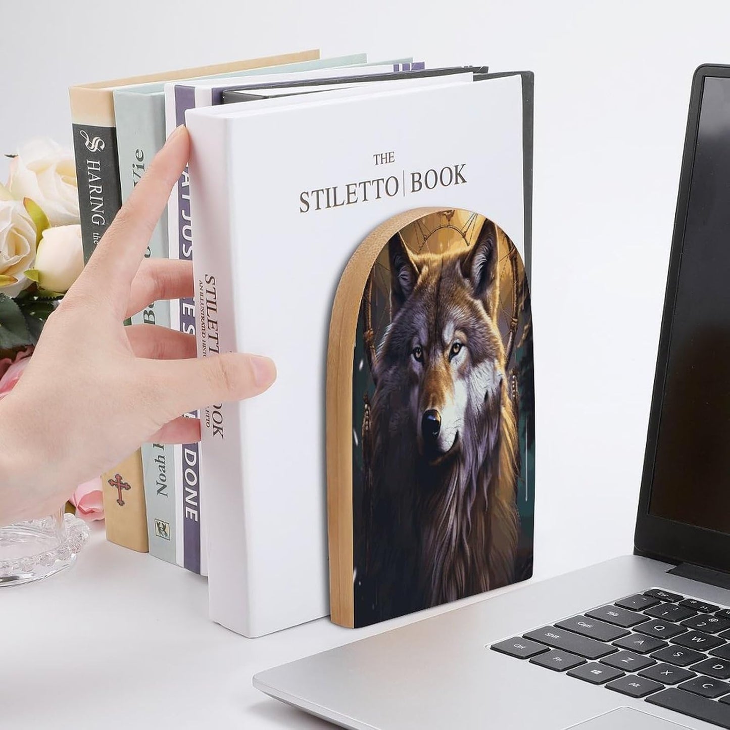 Wolves and Dream Catchers Bookend for Shelves Wooden Book End Large Size Sturdy Book Holders Stoppers with Metal Base for Bookshelves Slick Decorative Bookends Stands