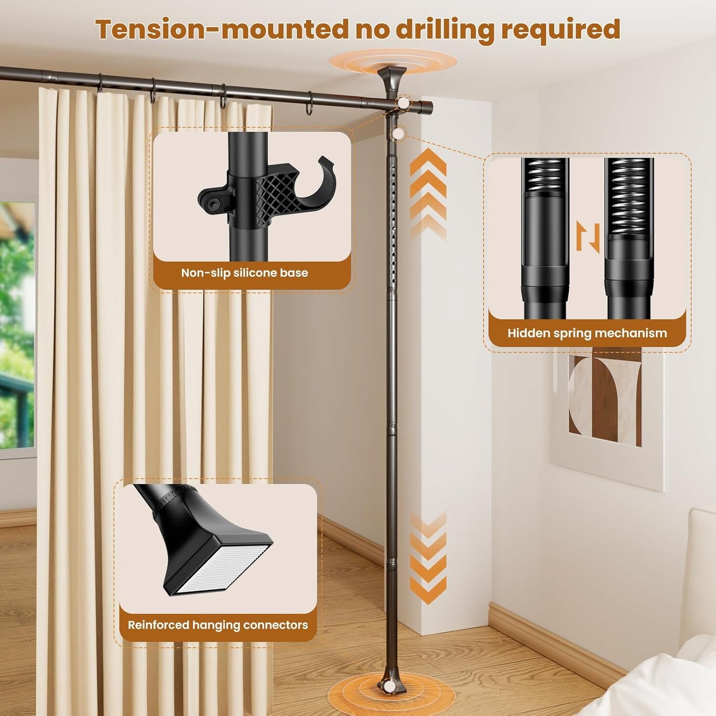 Abiglifty Room Divider Curtain Rods No Drilling, Adjustable 4-10Ft(H) Wall Divider for Room Separation, Temporary Privacy Tension Curtain Rods, Freestanding Space Room Separator, Black