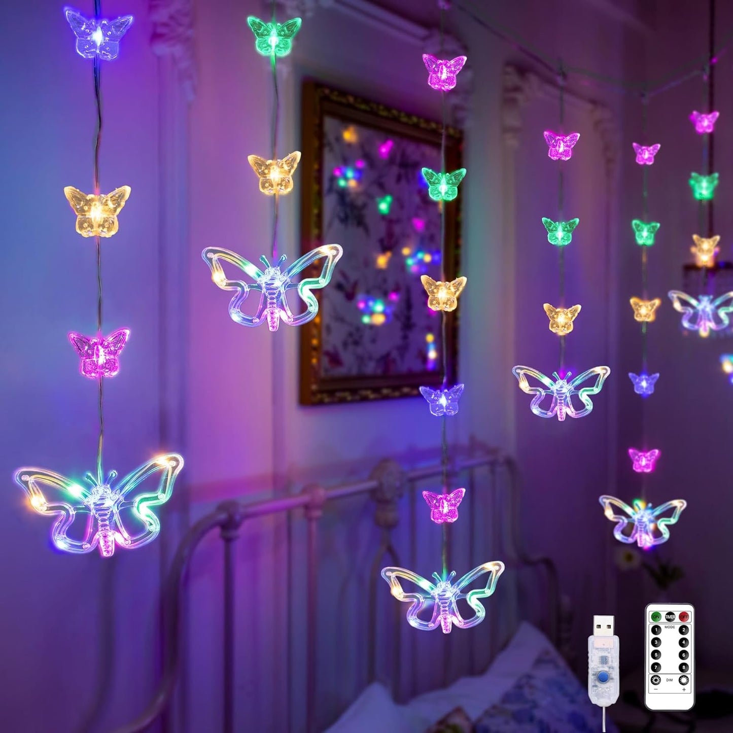 YOLIGHT Butterfly Curtain Lights for Bedroom 9.8ft LED Twinkle Fairy Light with Remote Timer Cute String Lights Wall Décor for Kids Girls Room Bed Canopy Wedding Easter Decoration (Multicolor)