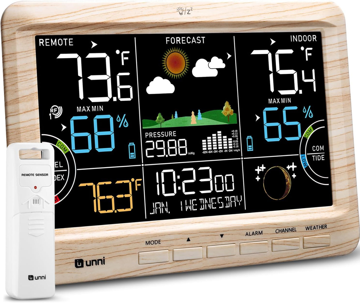 Weather Station Indoor Outdoor Thermometer Wireless, Home Atomic Clock with Large Constant Display, Inside Outside Temperature Humidity Monitor, Dew Heat Point, Barometer (WOOD01)