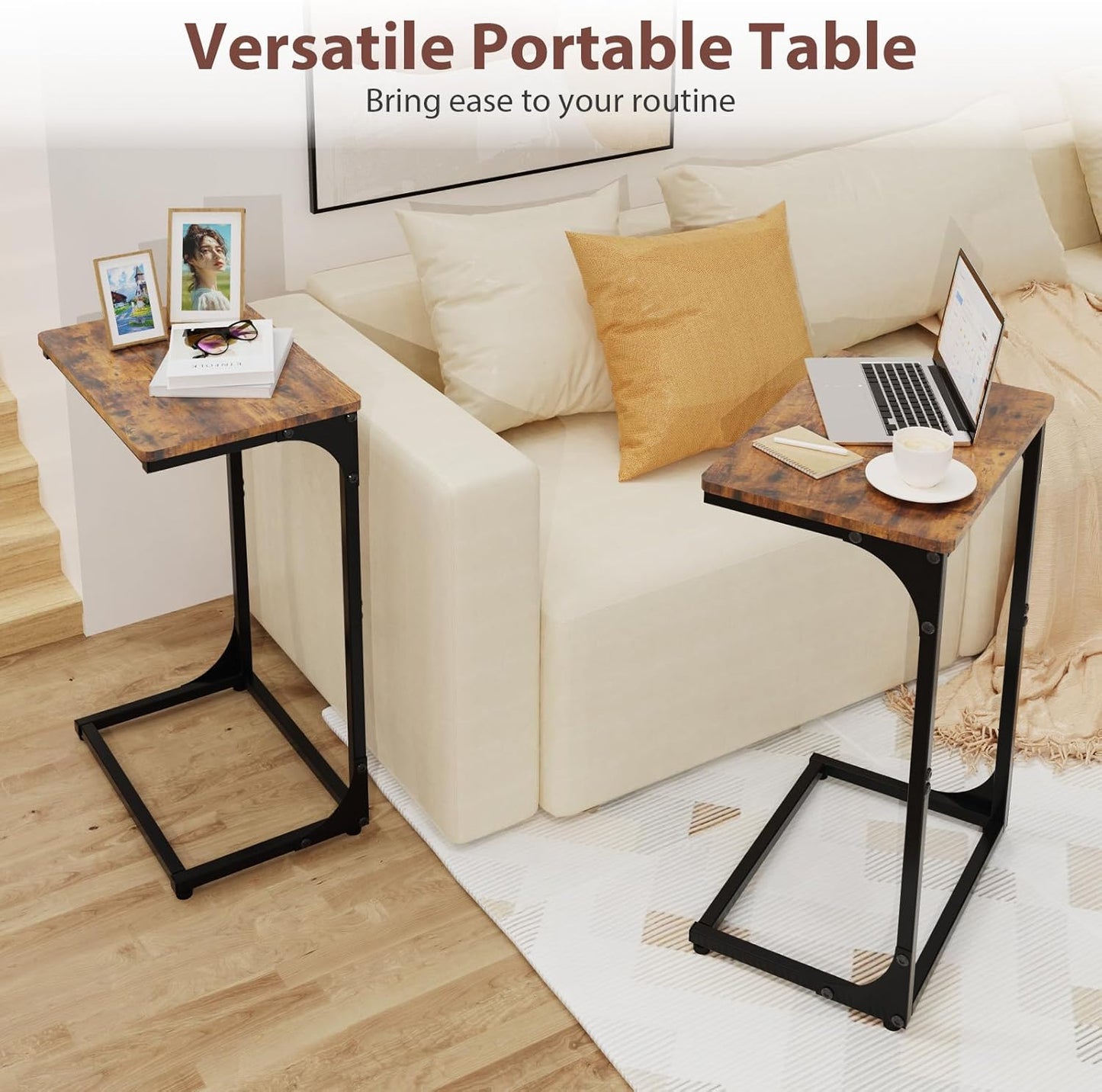C-Shaped End Table — Slide-Under Sofa TV Tray, for Living Room / Bedroom / Home Office, Brown