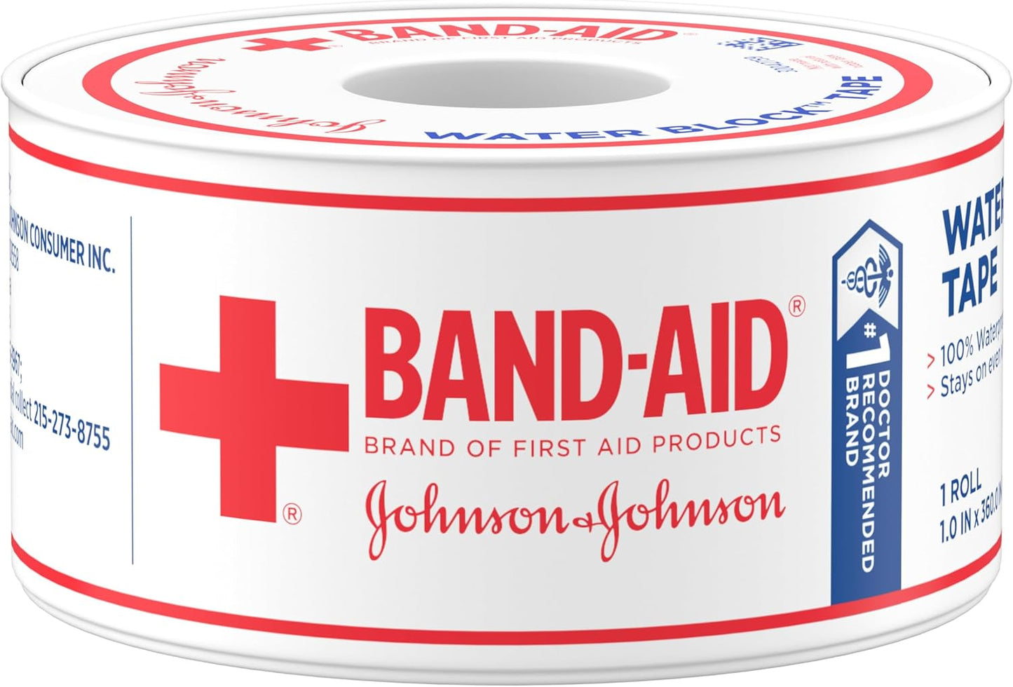 Band-Aid Brand First Aid Water Block 100% Waterproof Self-Adhesive Tape Roll for Durable Wound Care to Firmly Secure Bandages, 1 in by 10 yd