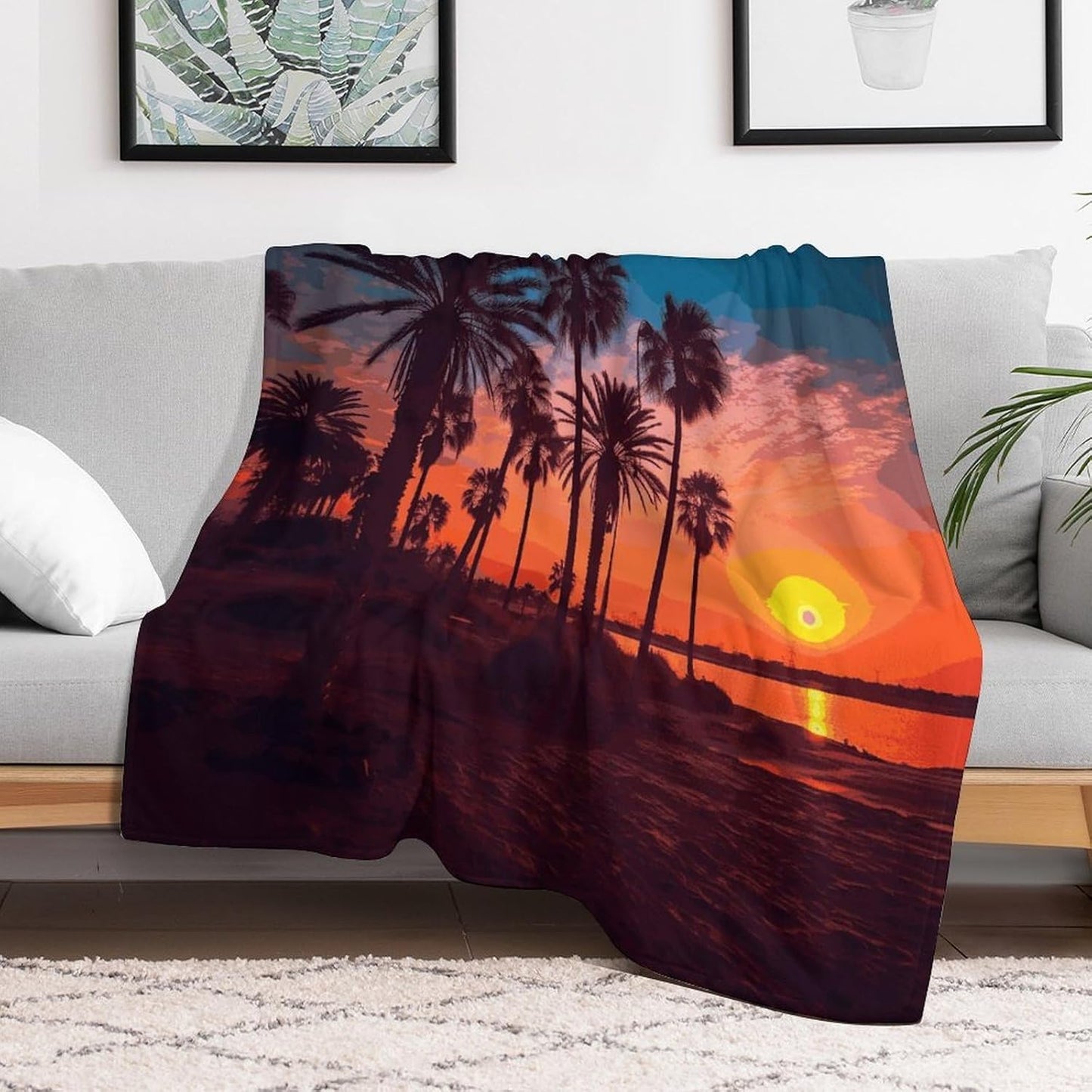 Palm Tree Sunset Blanket Super Soft Lightweight Throw Blanket Cute Cozy Warm Bed Blanket Decorative Fuzzy Blanket All-Season Home Decor Gift for Sofa Couch Living Room 50"*60"（130 * 150cm）
