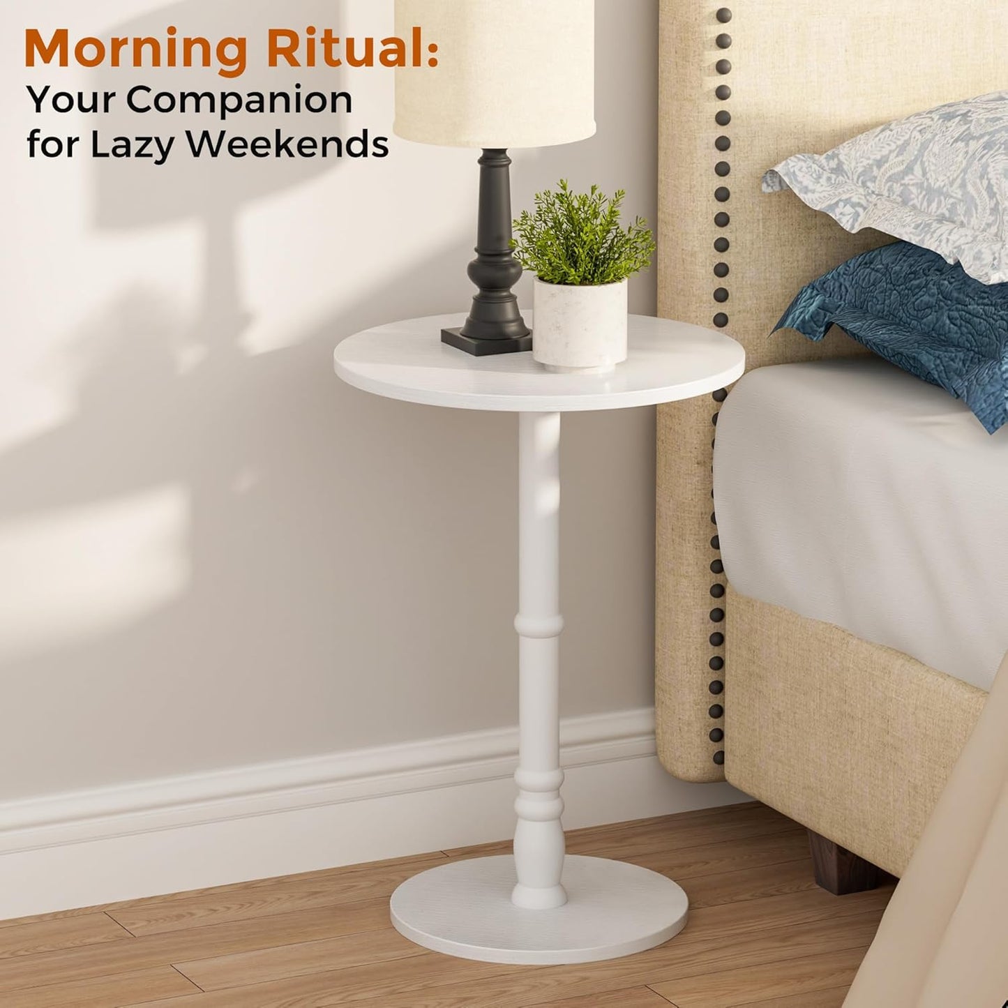 16" Round Side Tables Set of 2, Solid Wood Pillar with Wood Top & Base, Small Drink Accent Table for Living Room, Bedroom, Sofa & Office, Easy Assembly, White