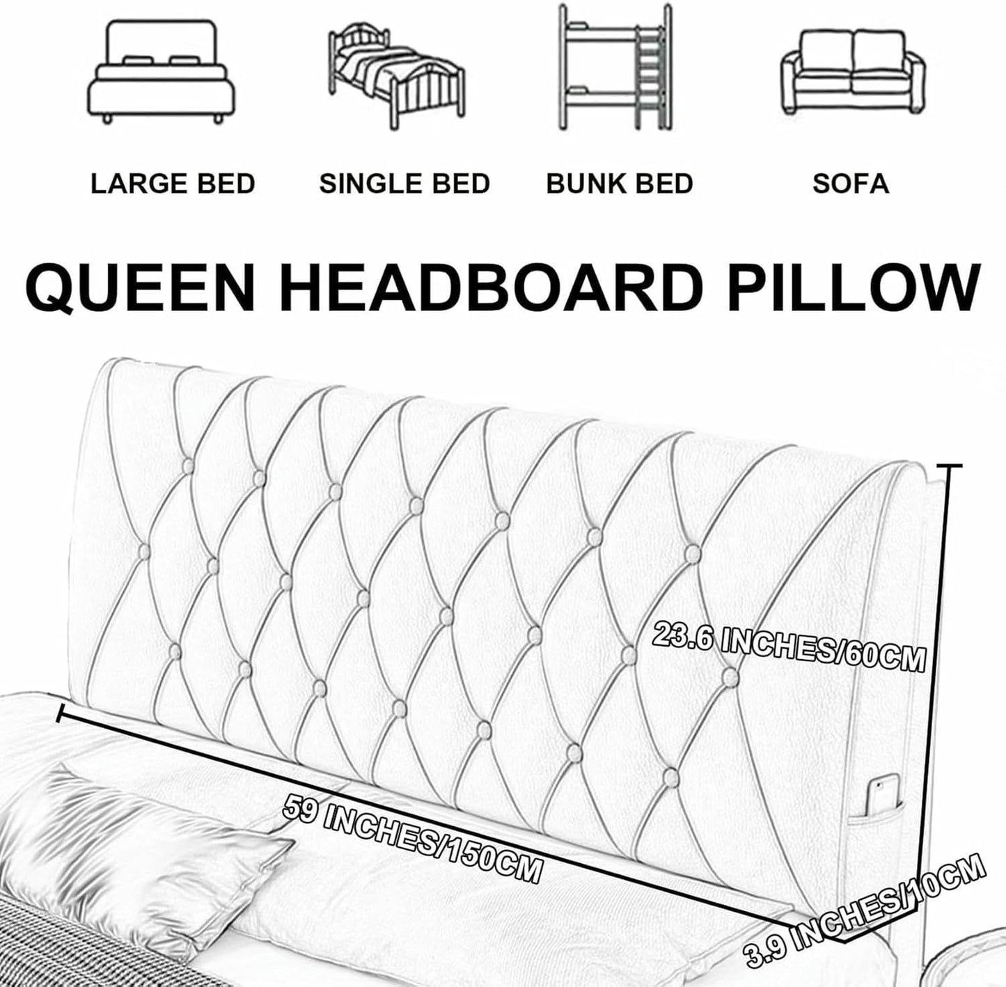 Soft Faux Leather Headboard Upholstered Full Rectangle Pillowboard Bedside Pillow Bed Soft Case Lumbar Support Cushion Removable Daybed Bunk Bed Pillow,Gray1,Paste/63x23x2In