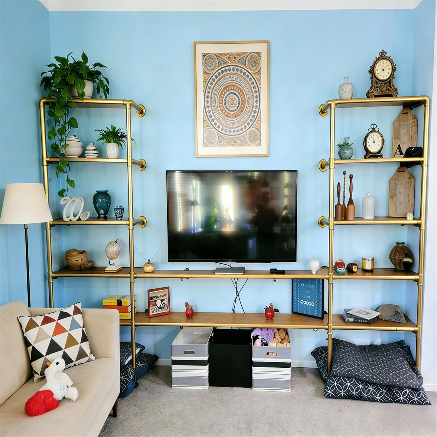 Gold Industrial Wall Mount Iron Pipe Shelf Bracket,Retro DIY Open Bookshelf,Storage Shelves, Ceiling hung Shelves for Home Kitchen Bathroom Living Room Office(2PcsX5Tier,68"Tall,10"deep,Hardware Only)