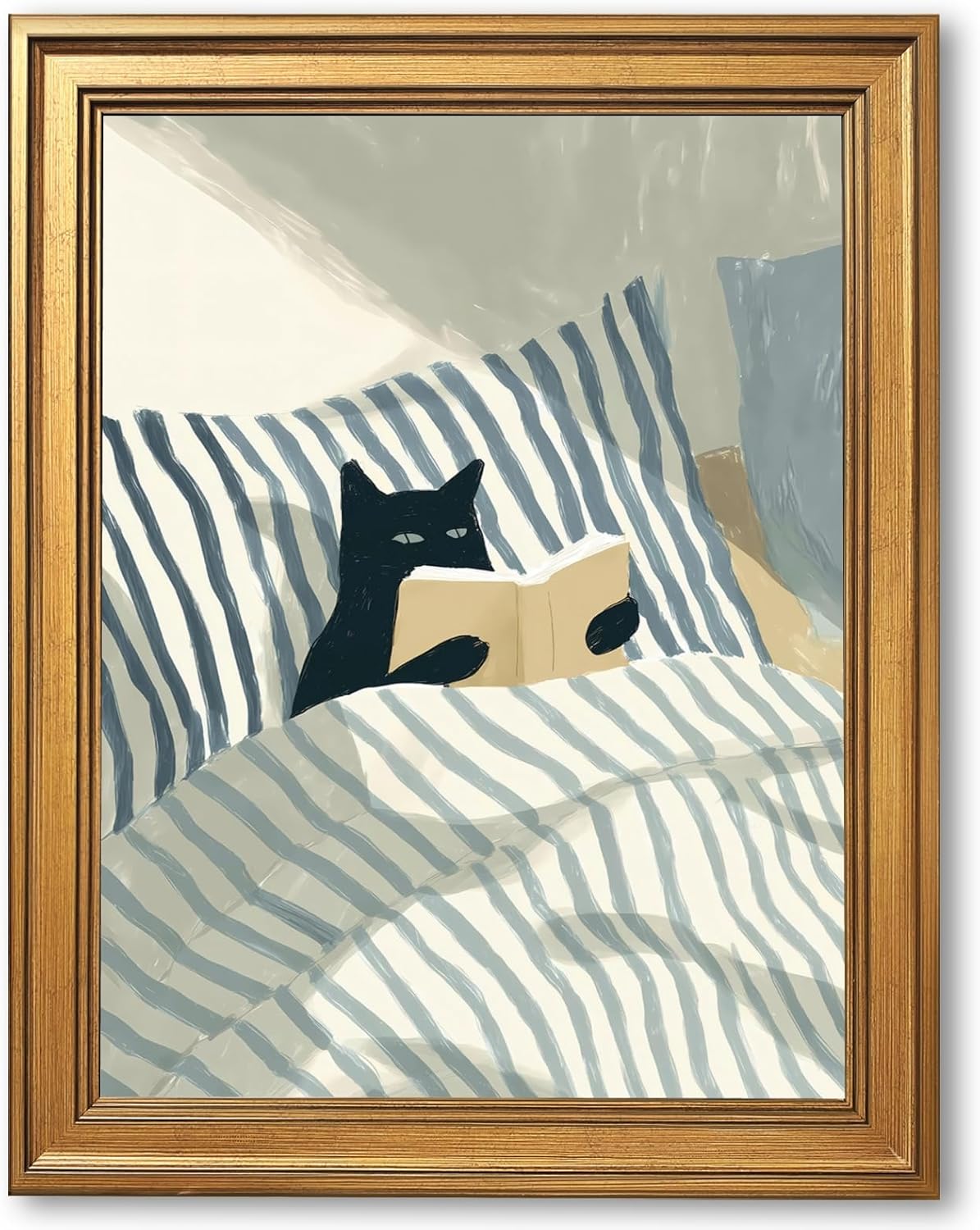 EQUEEN Black Cat Reading Poster Cozy Wall Art Bedroom Wall Decor Book Lover Canvas Print For Bedroom Library Office12x16inch Golden frame