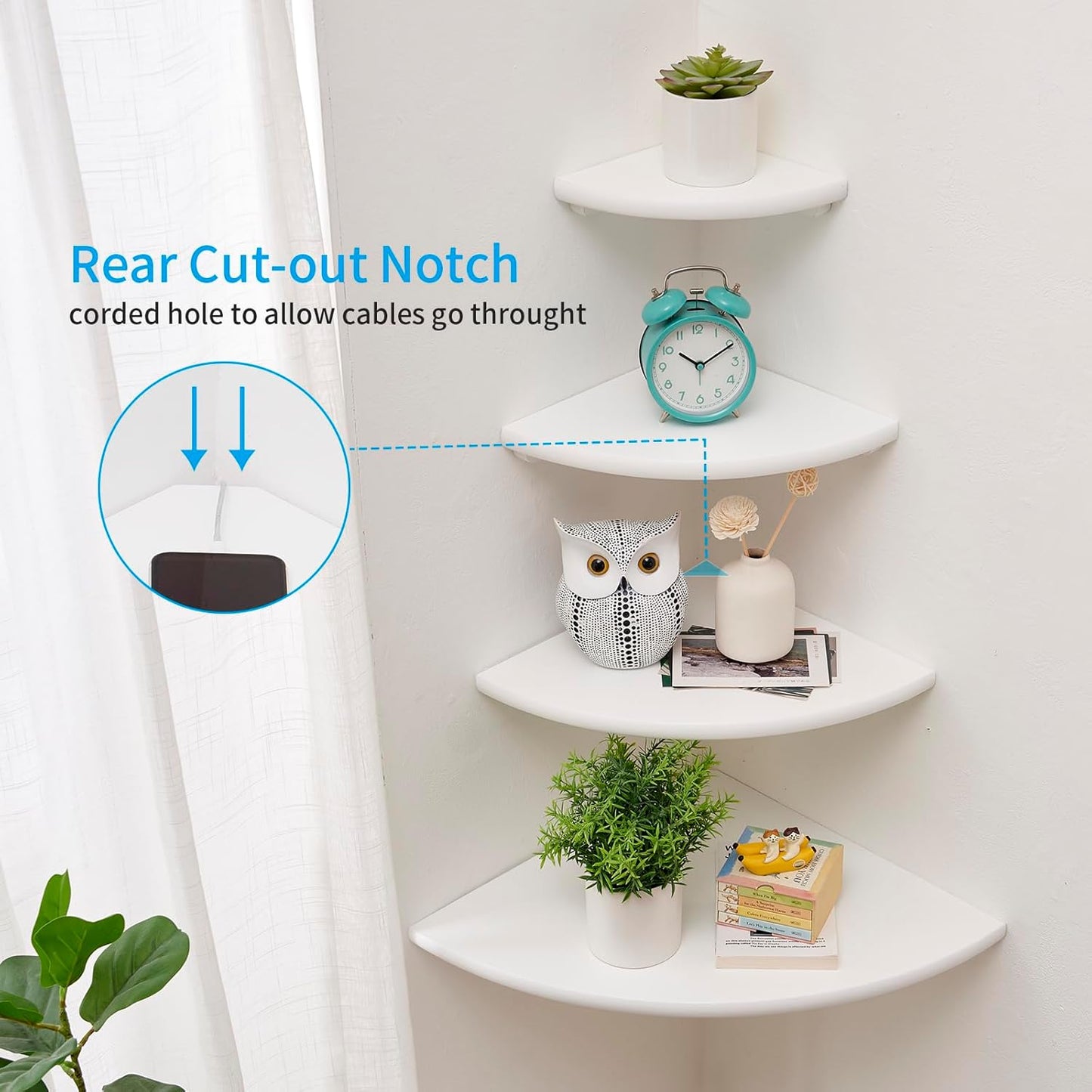 Corner Shelf, White Solid Oak Wood Floating Corner Shelves Wall Mount Round End Floating Speaker Rack Display Shelf for Small Plant Photo Frame (White, 7in)