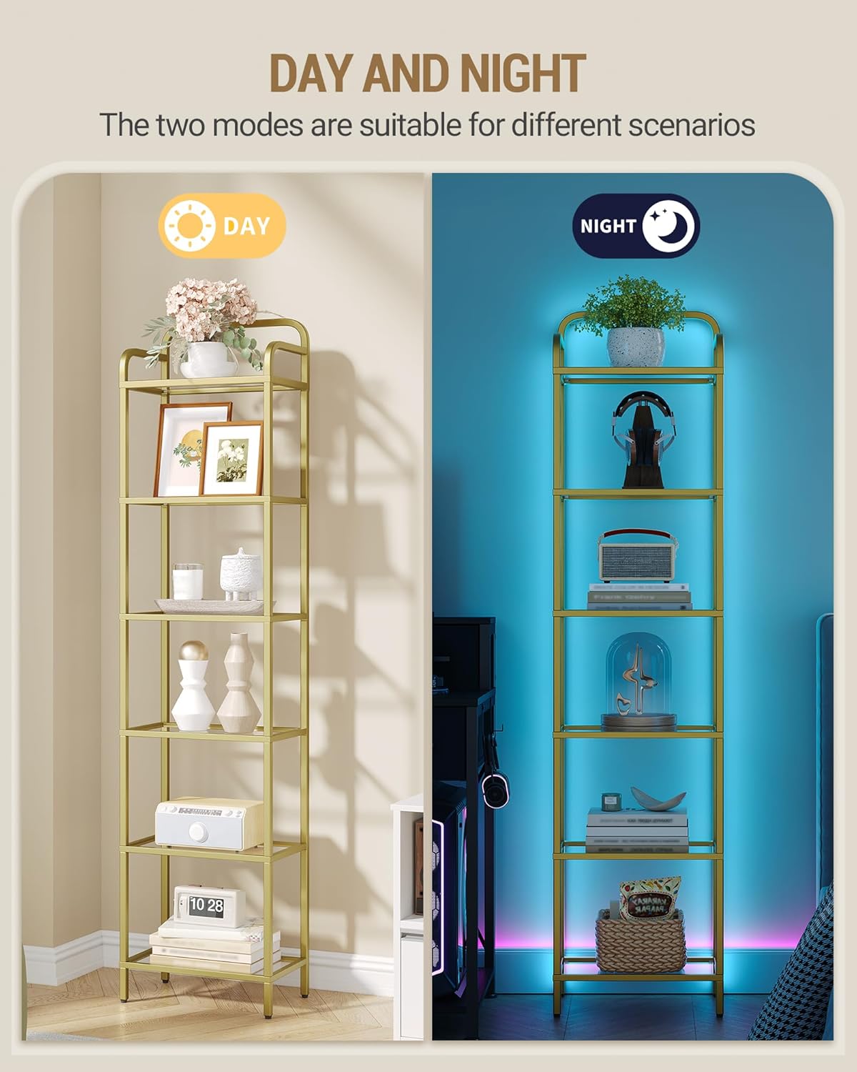 Bookshelf, Tall Narrow Bookcase with LED Lights, Tempered Glass Bookshelves with Steel Frame, Display Shelf, Slim Shelving Unit for Living Room, Bedroom, 9.6"D x 15.4"W x 66.5"H Gold BC34699G