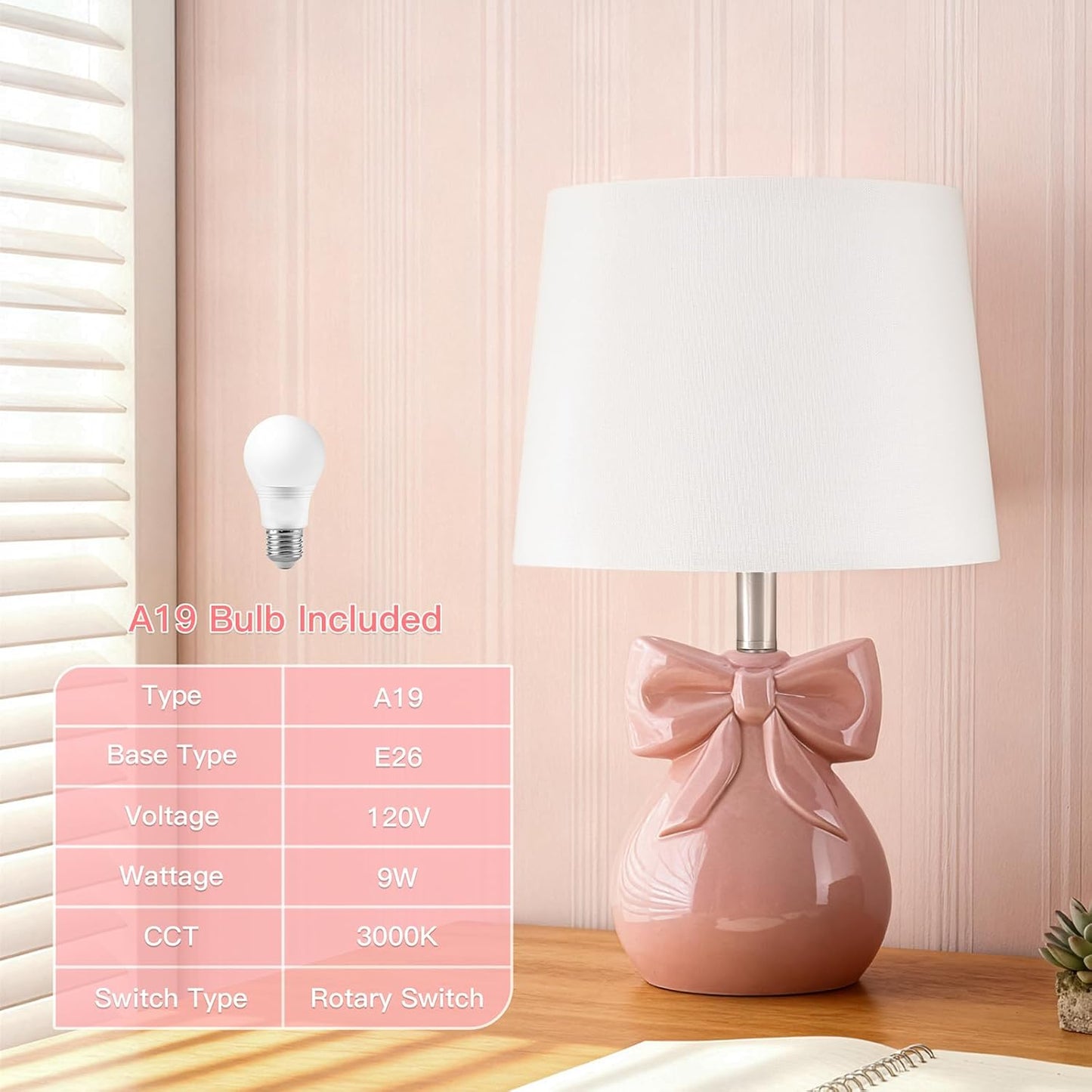 Pink Bow Table Lamp for Girl's Room, 19" Ceramic Cute Lamp for Bedroom, Classic Bedside Lamp for Nightstand, Modern Table Lamp for Living Room with Rotary Swtich (Bulb Included)