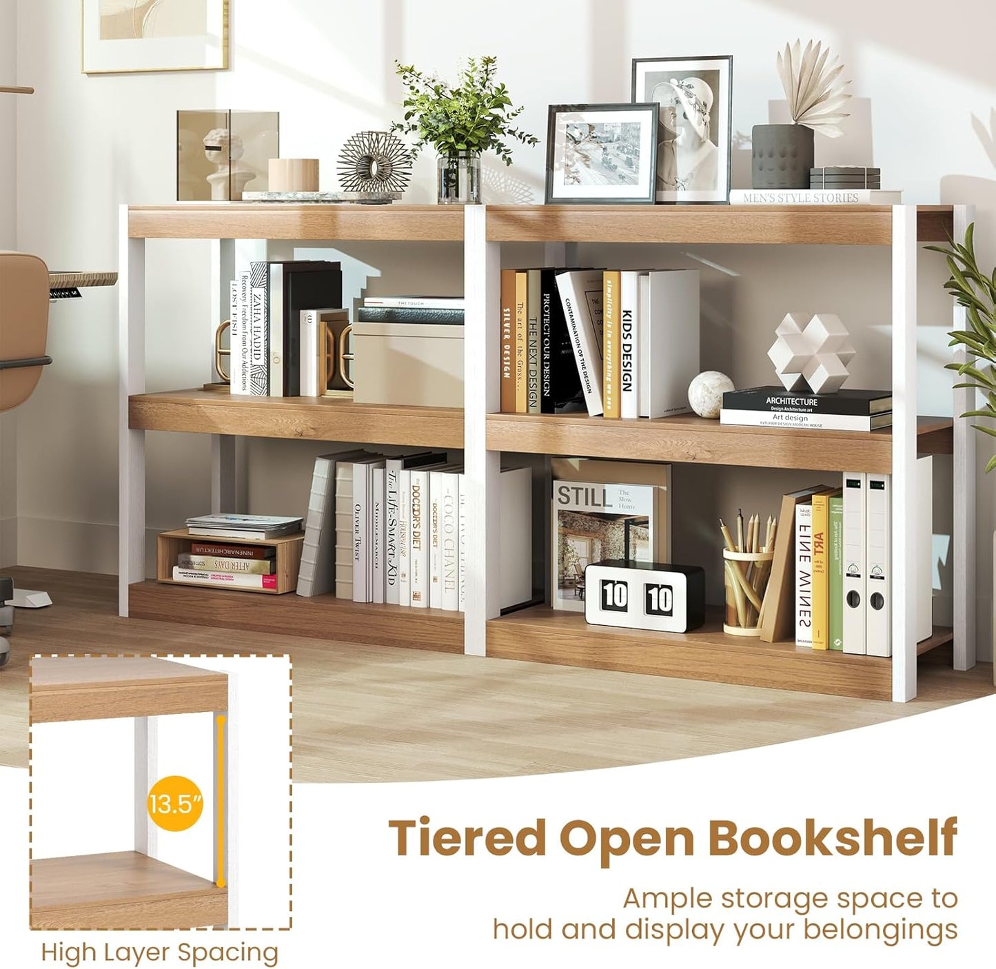 LOKO 3-Tier Open Bookshelf, Freestanding Wooden Bookcase with Storage Shelves, 2 Anti-toppling Devices, Modern Display Book Shelf Storage Rack for Living Room Bedroom Study (1,Natural & White)