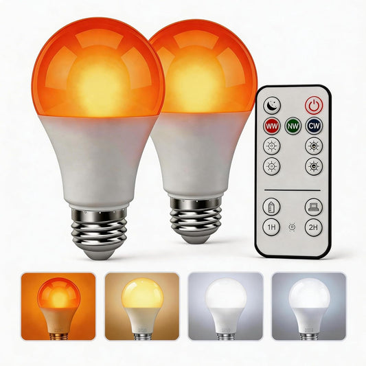 Amber Sleep Light Bulbs with Remote Control-800LM 9W (60W Equivalent),Blue Light Blocking,Dimmable,1800K-6500K,E26,Warm and Reading Light Bulb for Home Decor,2Bulb&1Remote