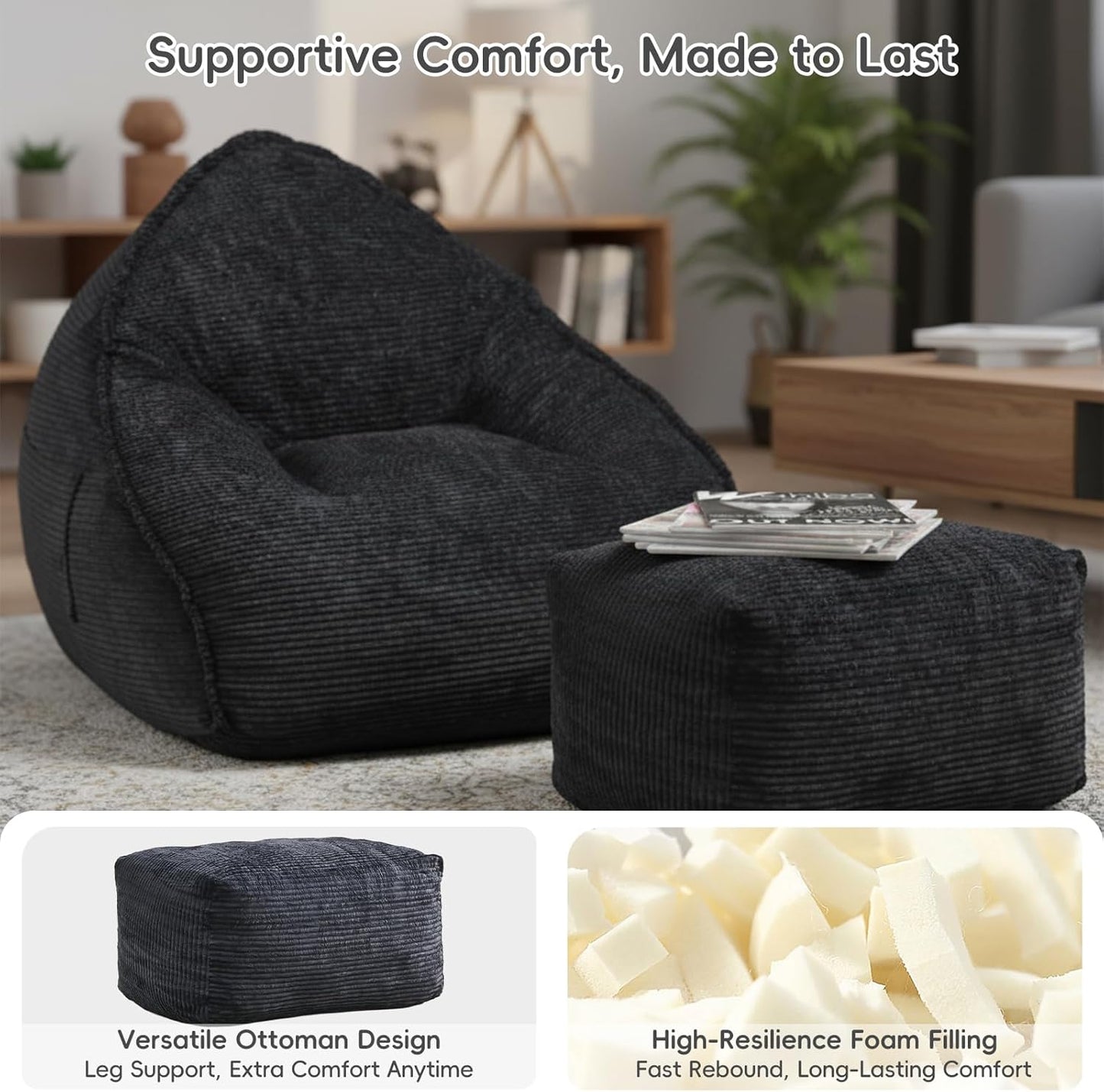 Bean Bag Chair with Ottoman for Adults, Large Corduroy Bean Bag Couch, Boneless Chaise Lounge Reading Chair with High-Resilience Foam, Floor Lounger for Bedroom Living Room (Black)