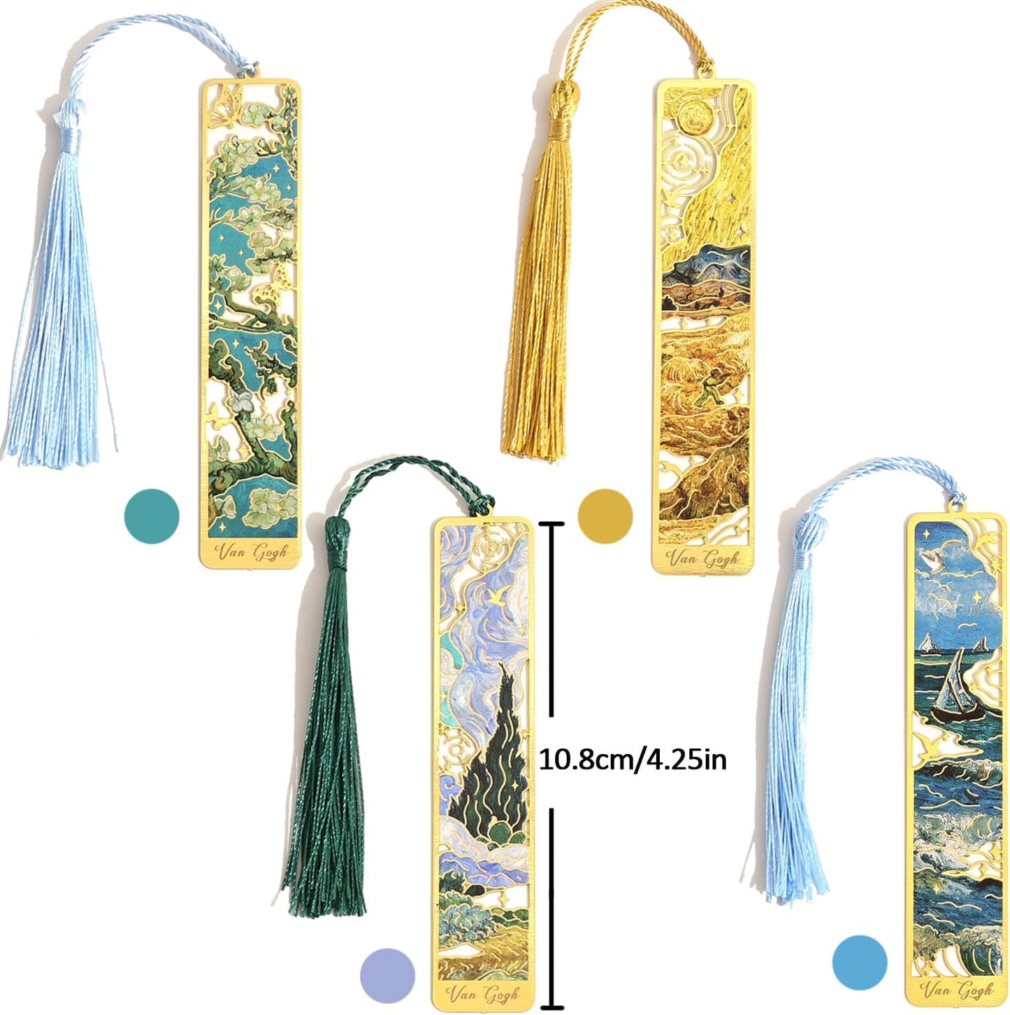 4 Pieces Metal Bookmarks with Tassel, Golden Hollow Bookmark Oil Painting Theme Book Mark Bookmarks for Book Lovers Writers Readers Children Teens for Women Adults Teen