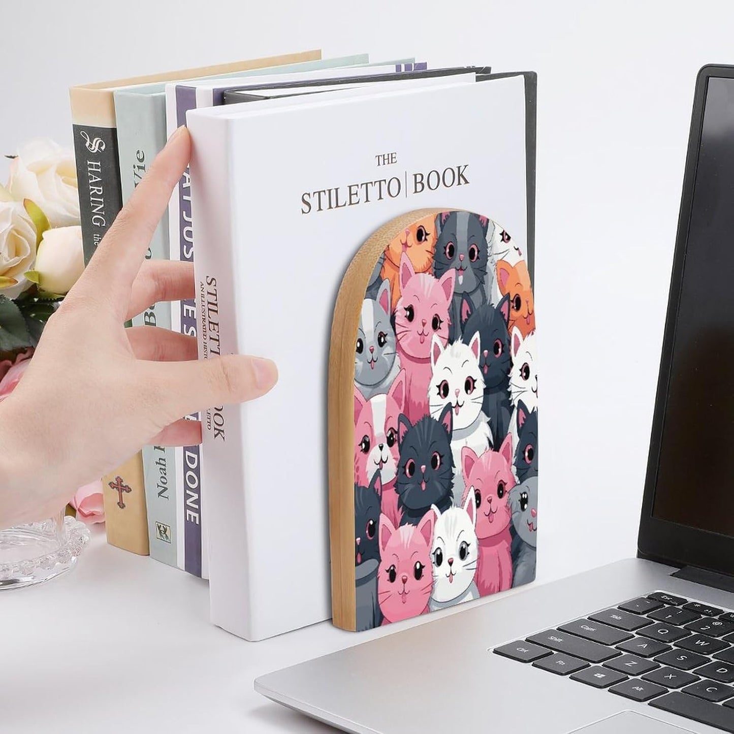 Non-Slip Bookend for Shelves Cute Kittens Wooden Bookends with Metal Base Decorative Book Stopper for Home Heavy Duty Wood Book Storage for Books/CDs